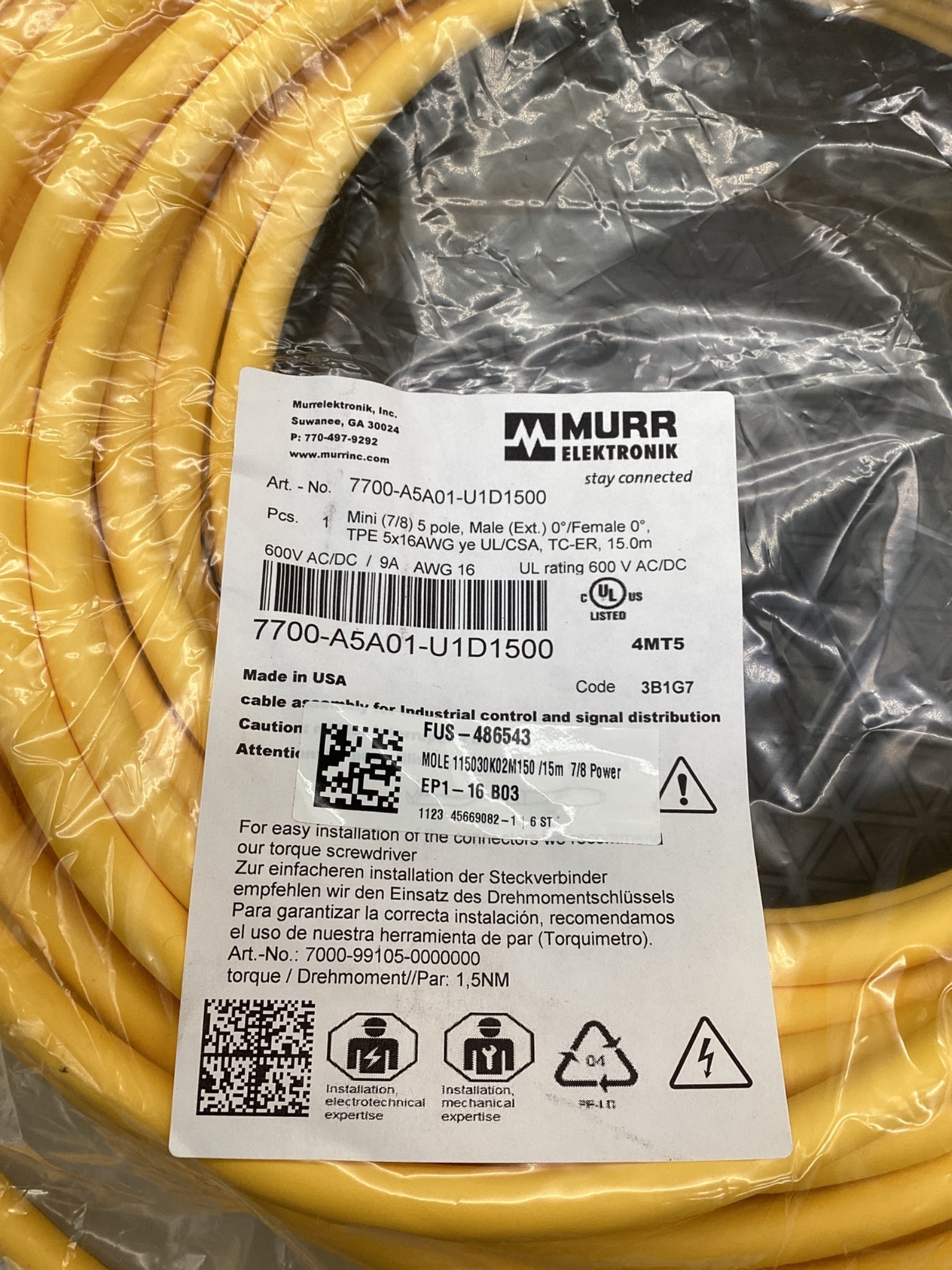 Murrelektronik 7700-A5A01-U1D1500 Mini 7/8" 5-Pole Male/Female 15M Cordset NEW 1