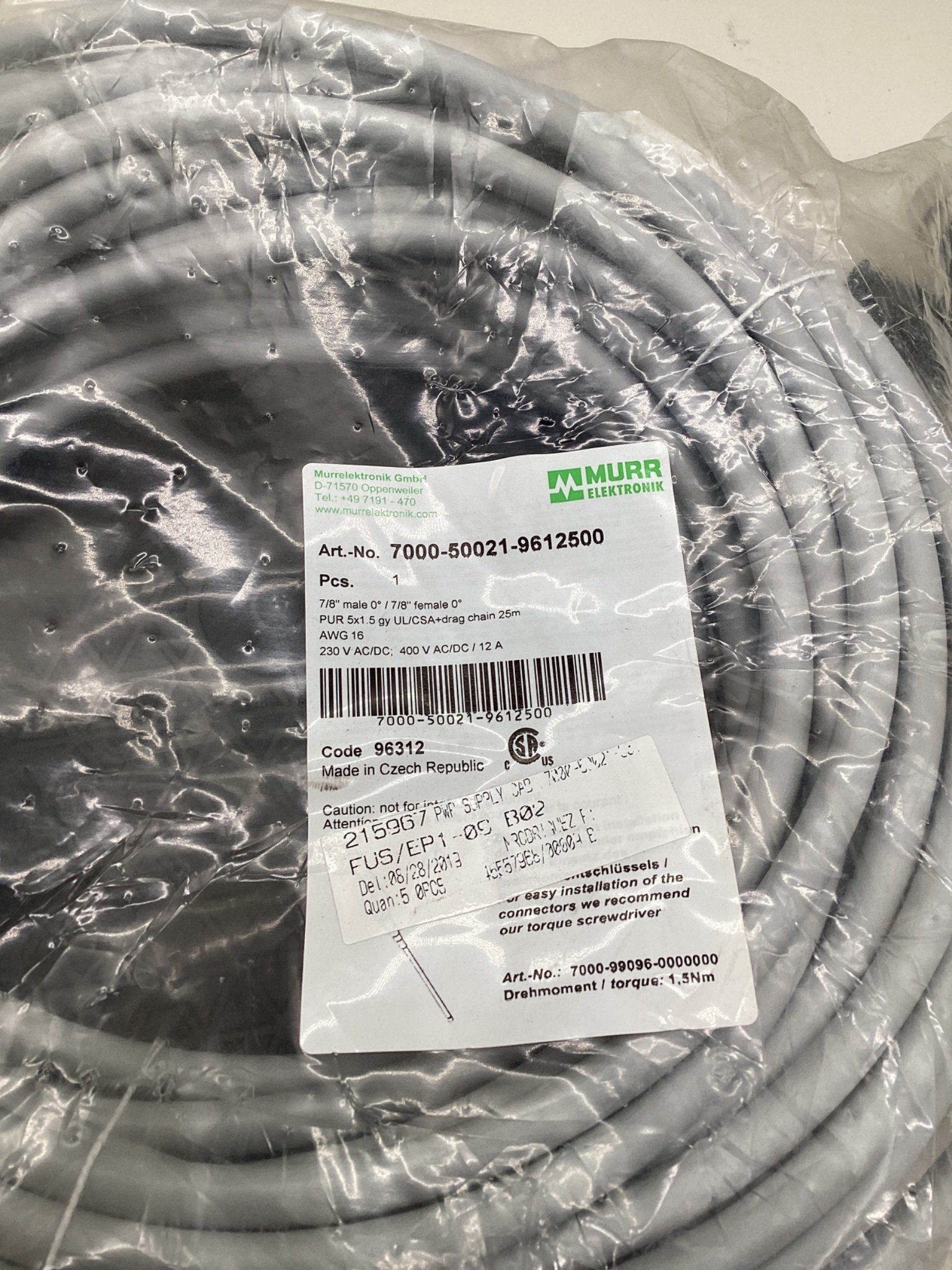 MURR ELEKTRONIK 7000-50021-9612500 7/8" Power Cordset 25M NEW 1