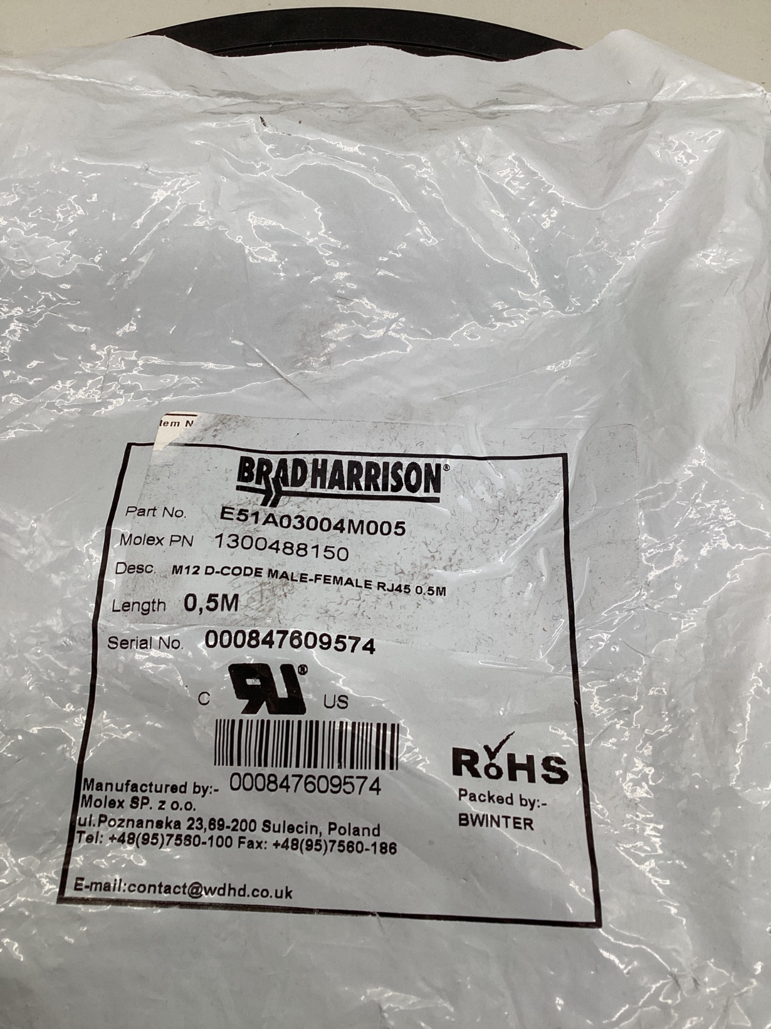 BRAD HARRISON E51A03004M005 M12 D-Coded To RJ45 Ethernet Cordset 0.5M NEW 1