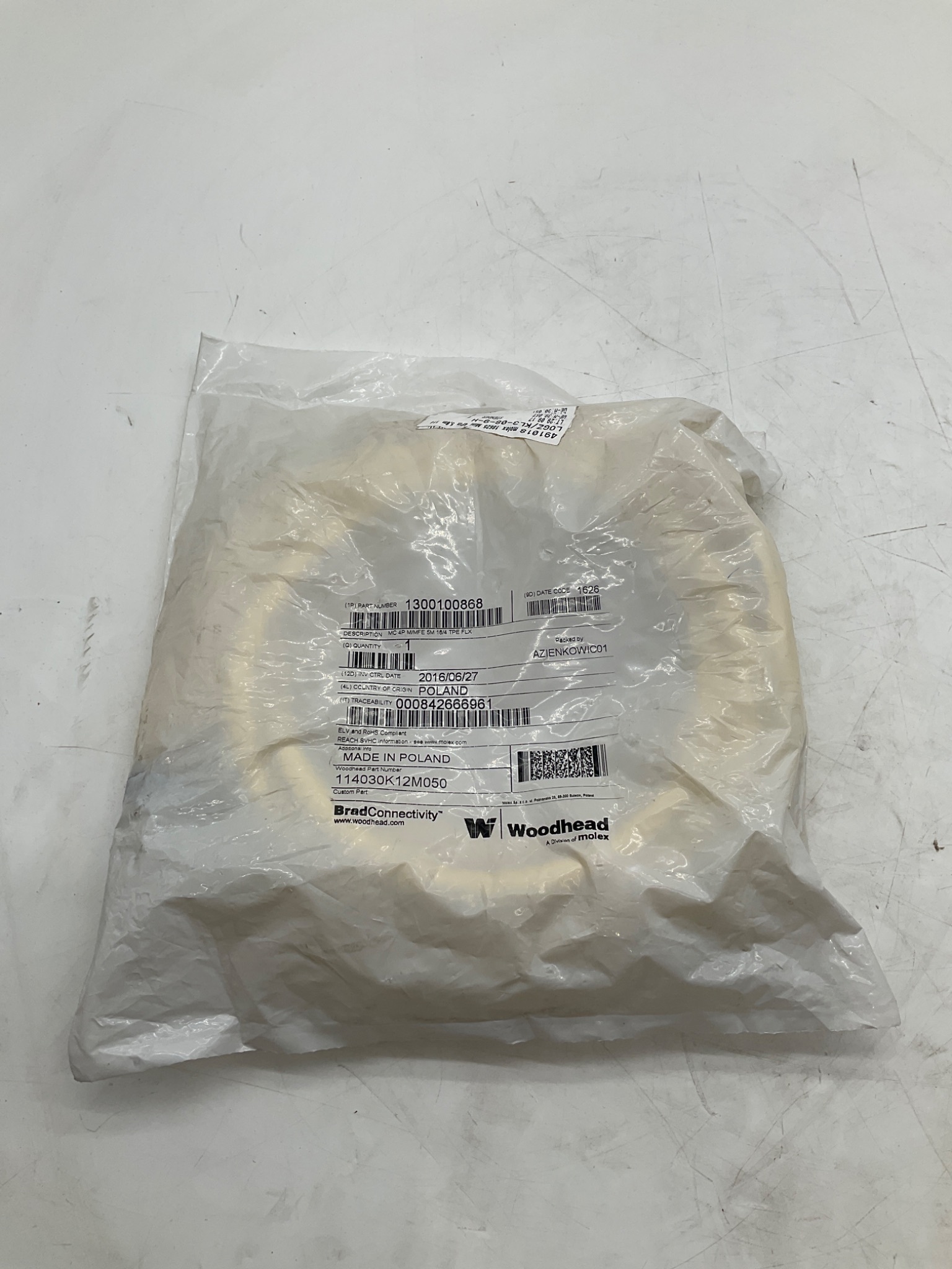 Woodhead 1300100868 5m 4-Pole TPE Cordset Cable NEW 0