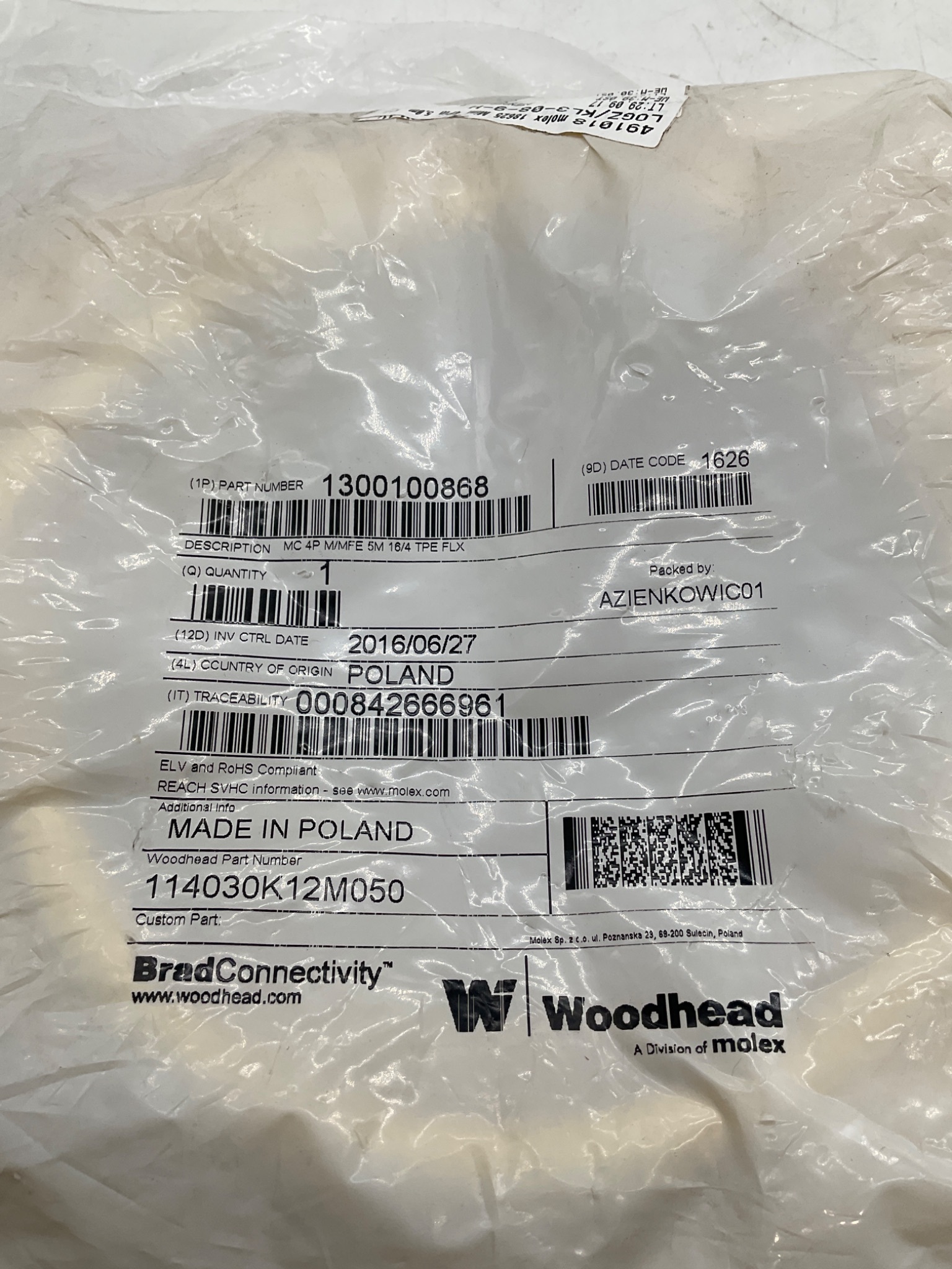 Woodhead 1300100868 5m 4-Pole TPE Cordset Cable NEW 1