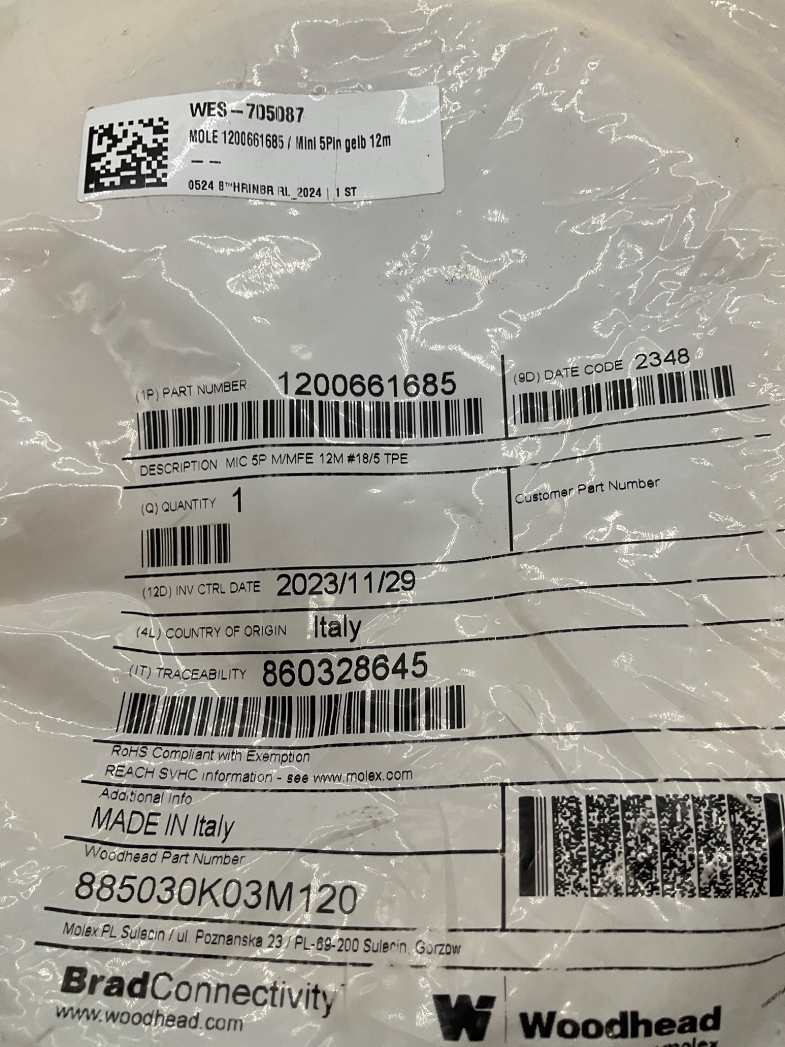 Woodhead 1200661685 12m 5-Pole TPE Cordset Cable 885030K03M120 NEW 1