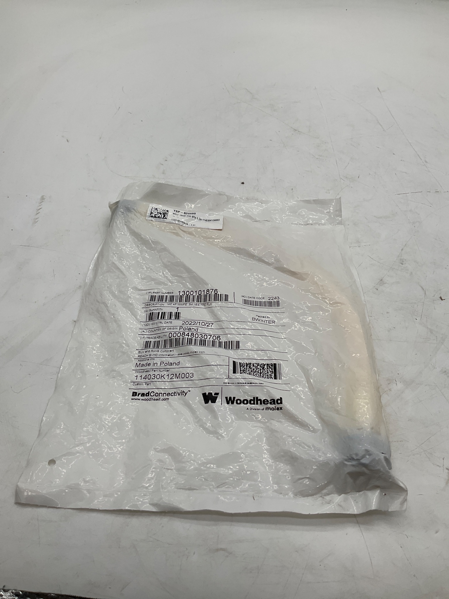 Woodhead 1300101876 0.3m 4-Pole TPE Cordset Cable 114030K12M003 NEW 0