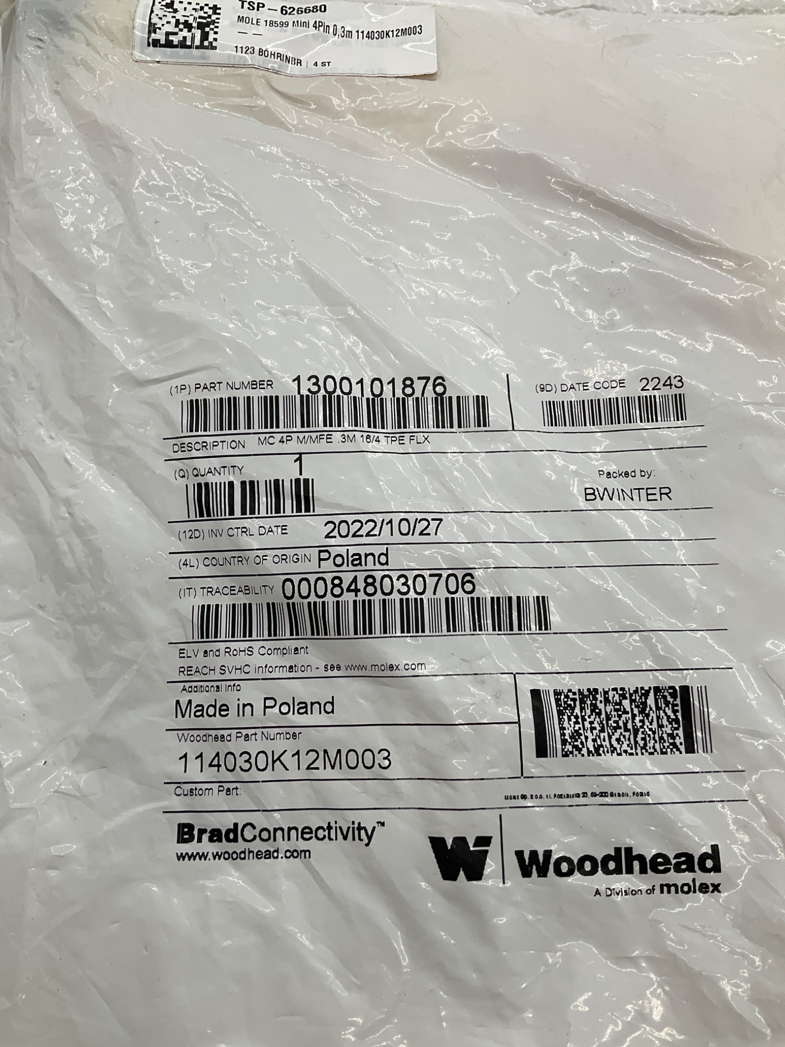 Woodhead 1300101876 0.3m 4-Pole TPE Cordset Cable 114030K12M003 NEW 1
