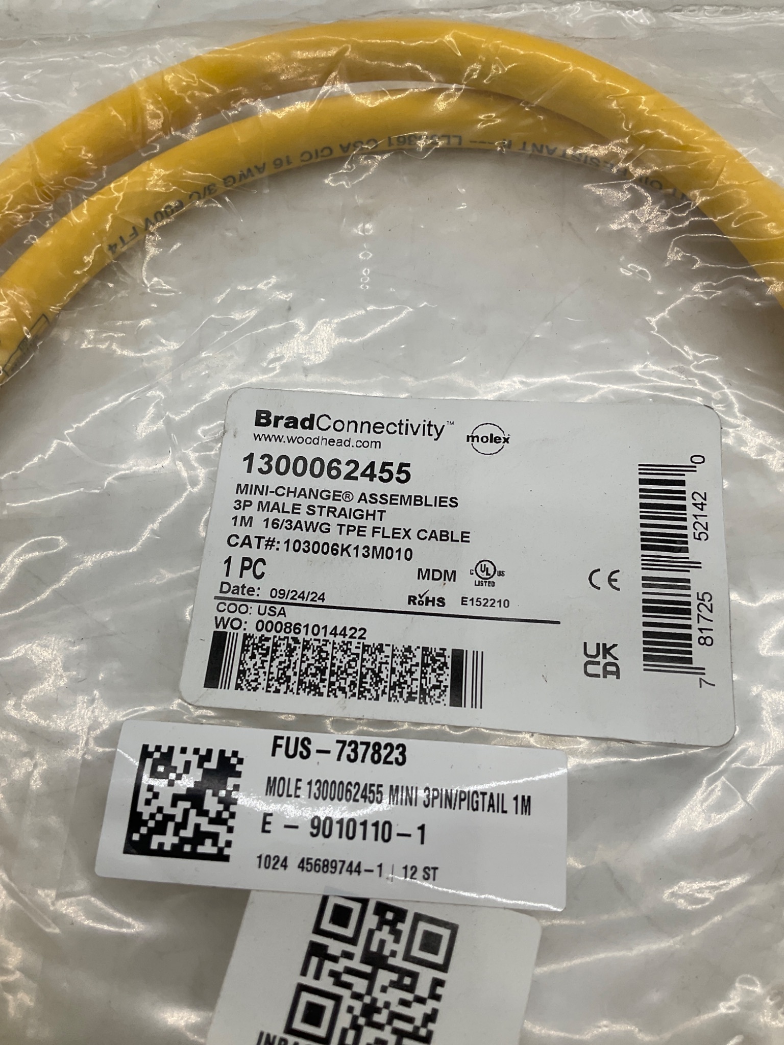 Brad Connectivity 1300062455 1m 3-Pole Male Mini-Change Cordset NEW 1