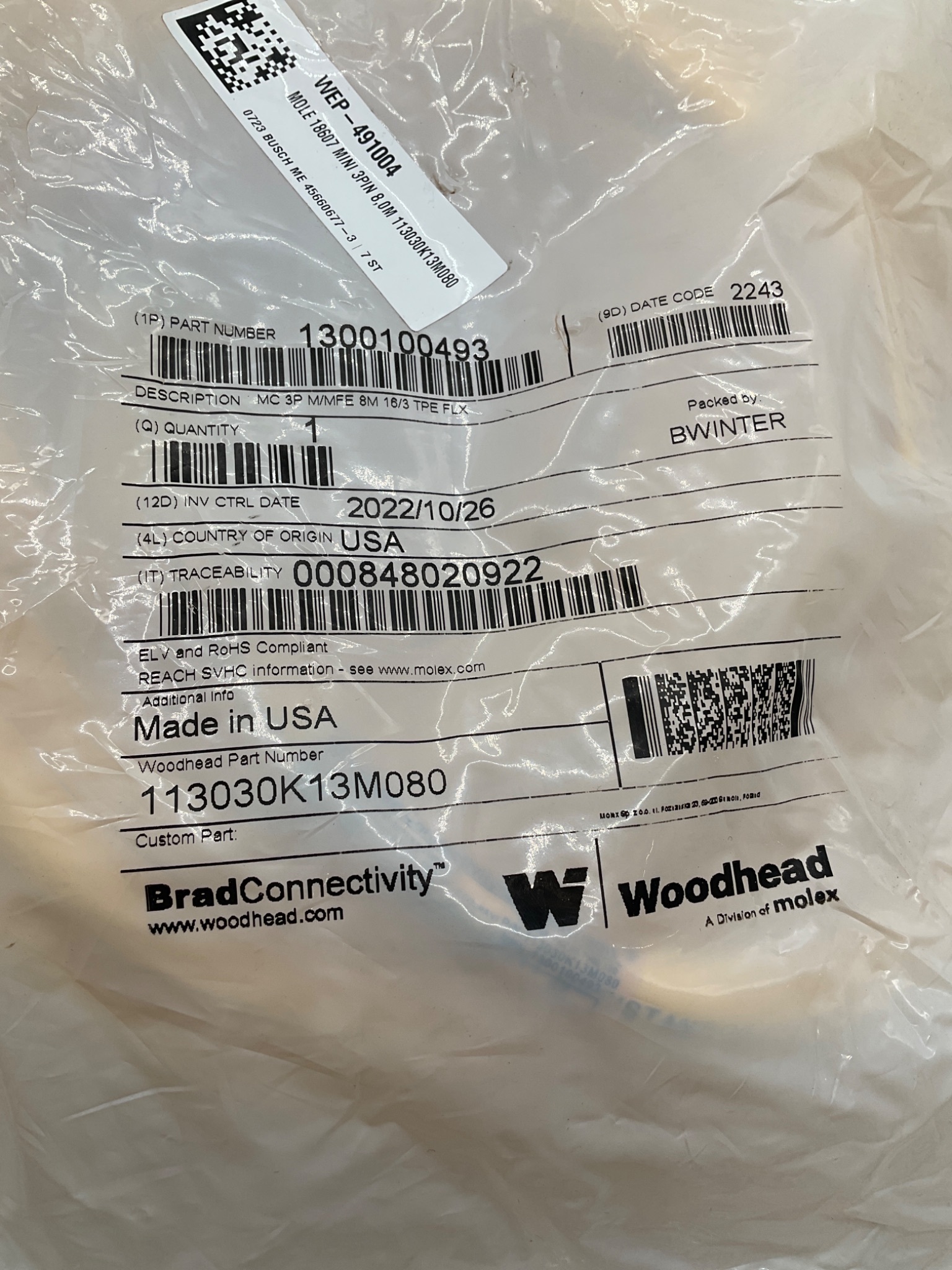 Woodhead 1300100493 8m 3-Pole Mini-Change Cordset Cable 113030K13M080 NEW 1
