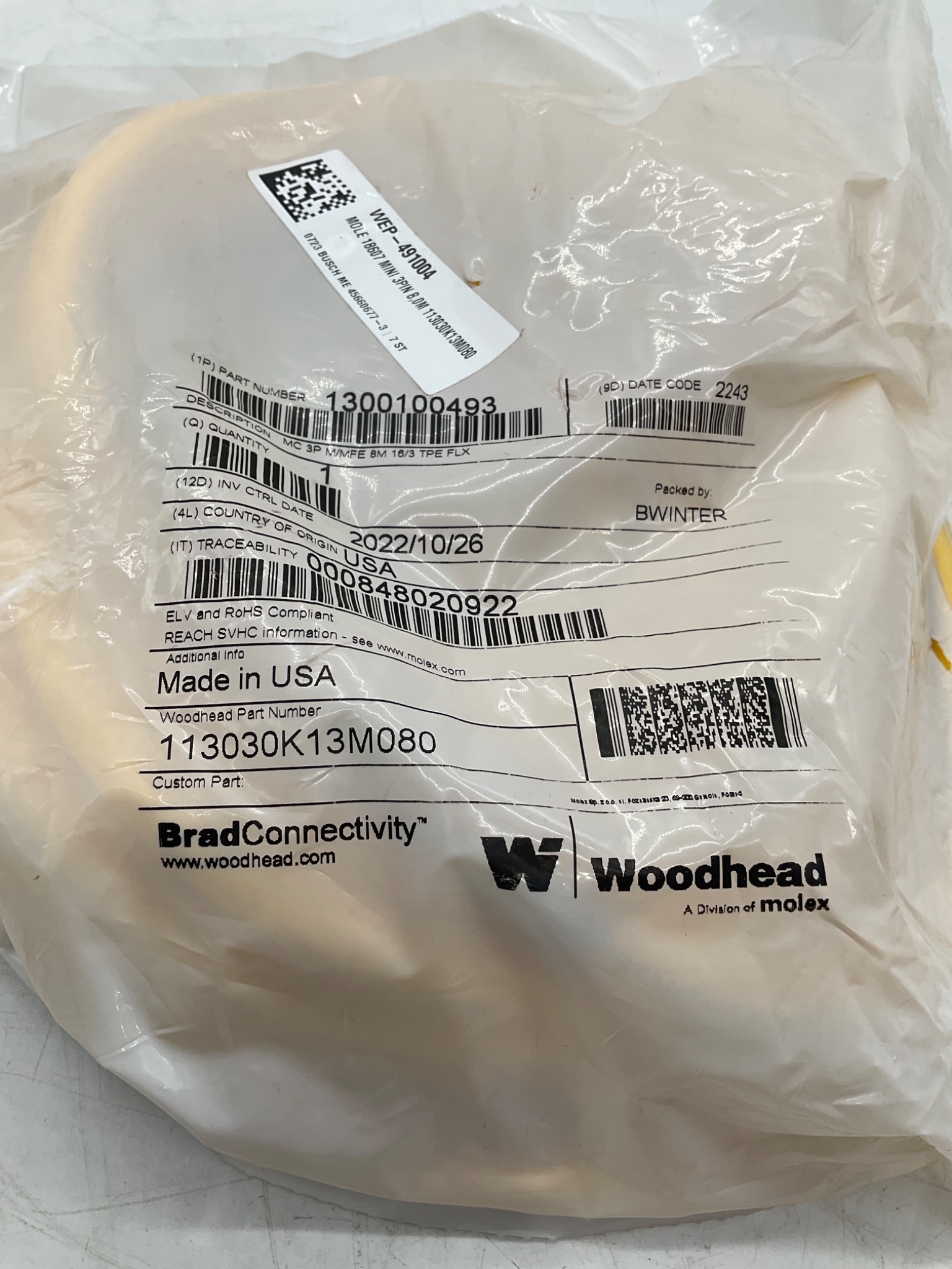 Woodhead 1300100493 8m 3-Pole Mini-Change Cordset Cable 113030K13M080 NEW 3
