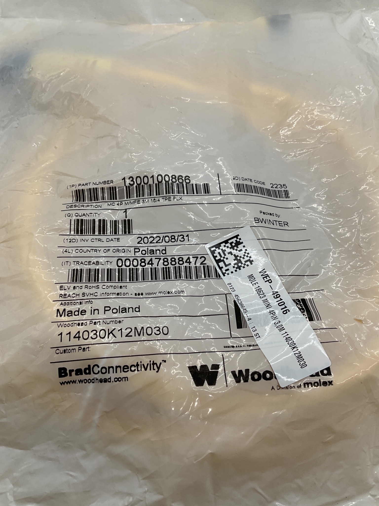 Woodhead 1300100866 3m 4-Pole Mini-Change Cordset Cable 114030K12M030 NEW 1