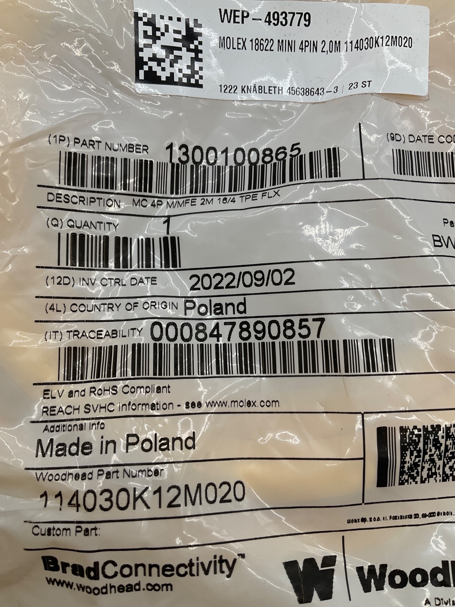Woodhead 1300100865 2m 4-Pole Mini-Change Cordset Cable 114030K12M020 NEW 1