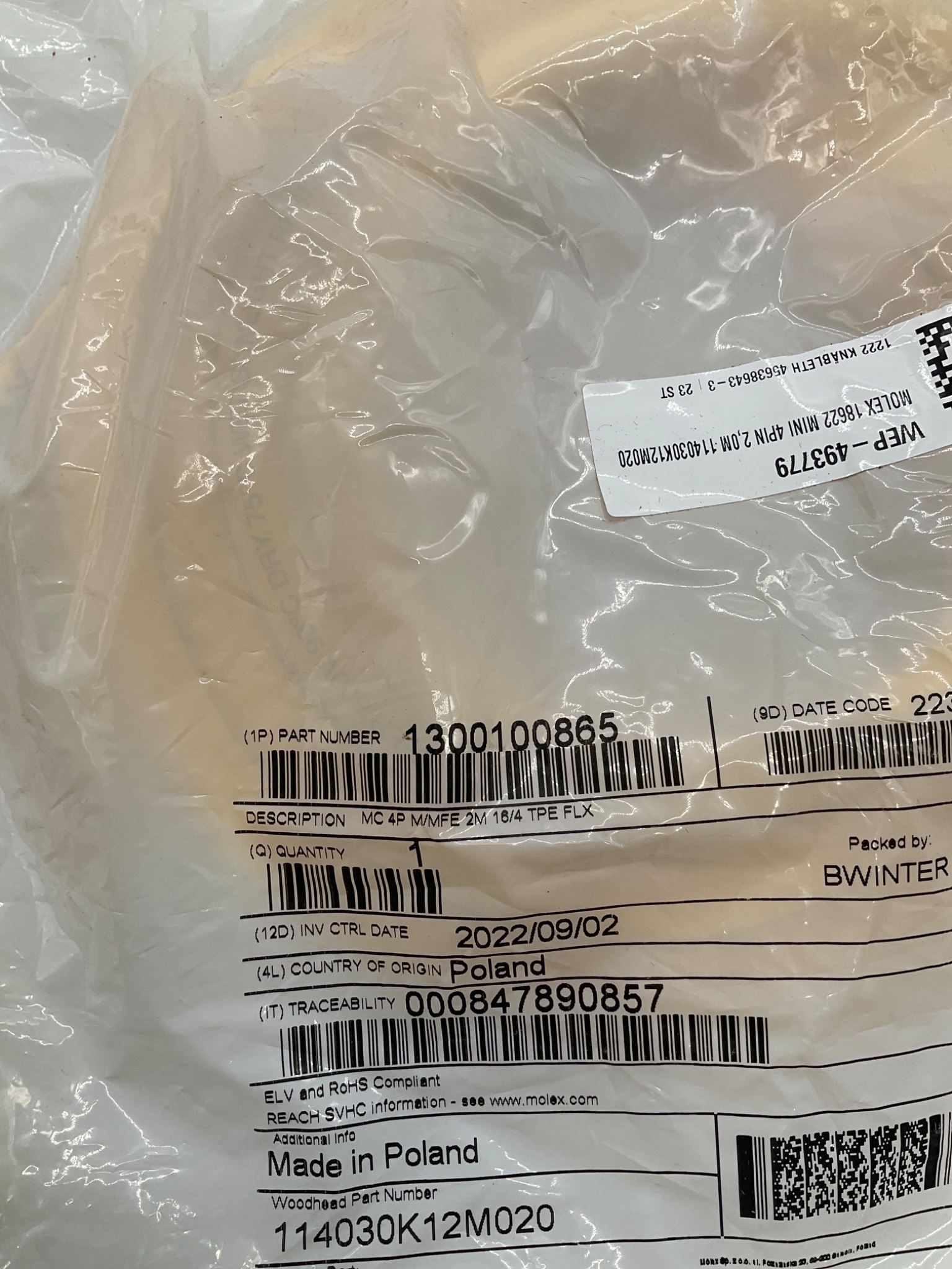 Woodhead 1300100865 2m 4-Pole Mini-Change Cordset 114030K12M020 NEW 1