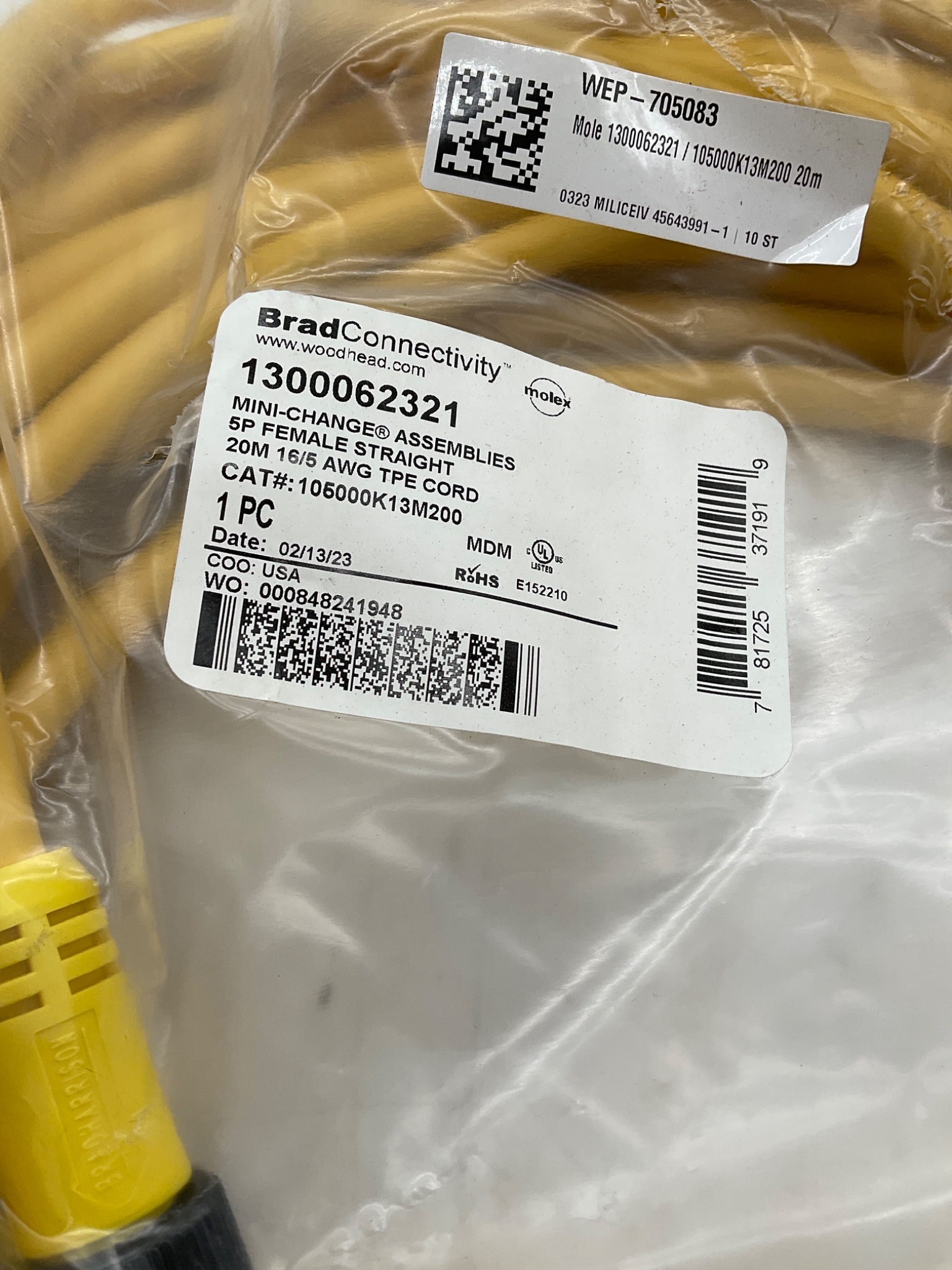 Brad Connectivity 1300062321 20m 5-Pole Female Mini-Change Cordset 105000K13M200 NEW 1