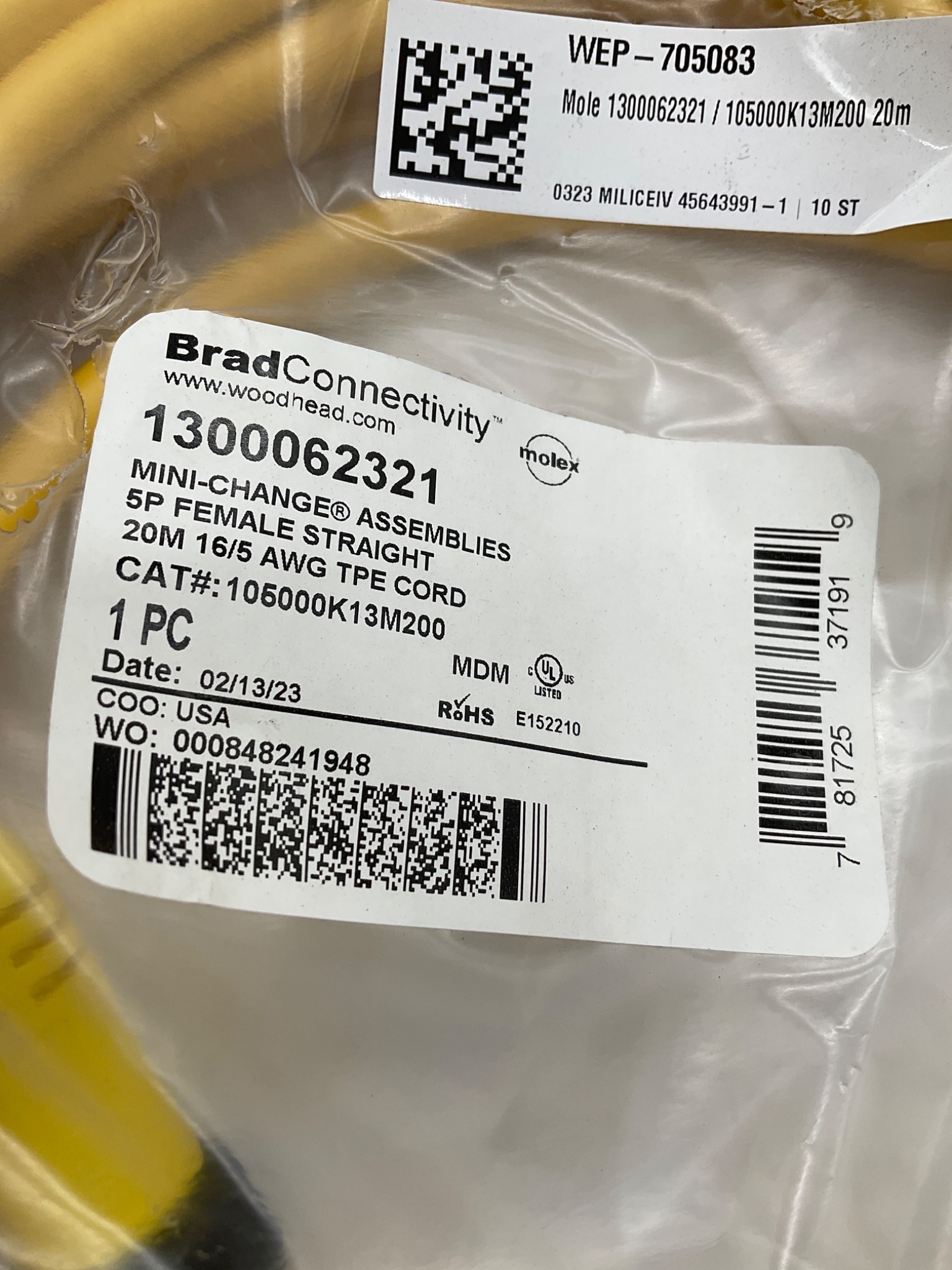 Brad Connectivity 1300062321 20m 5-Pole Female Mini-Change Cordset 105000K13M200 NEW 4