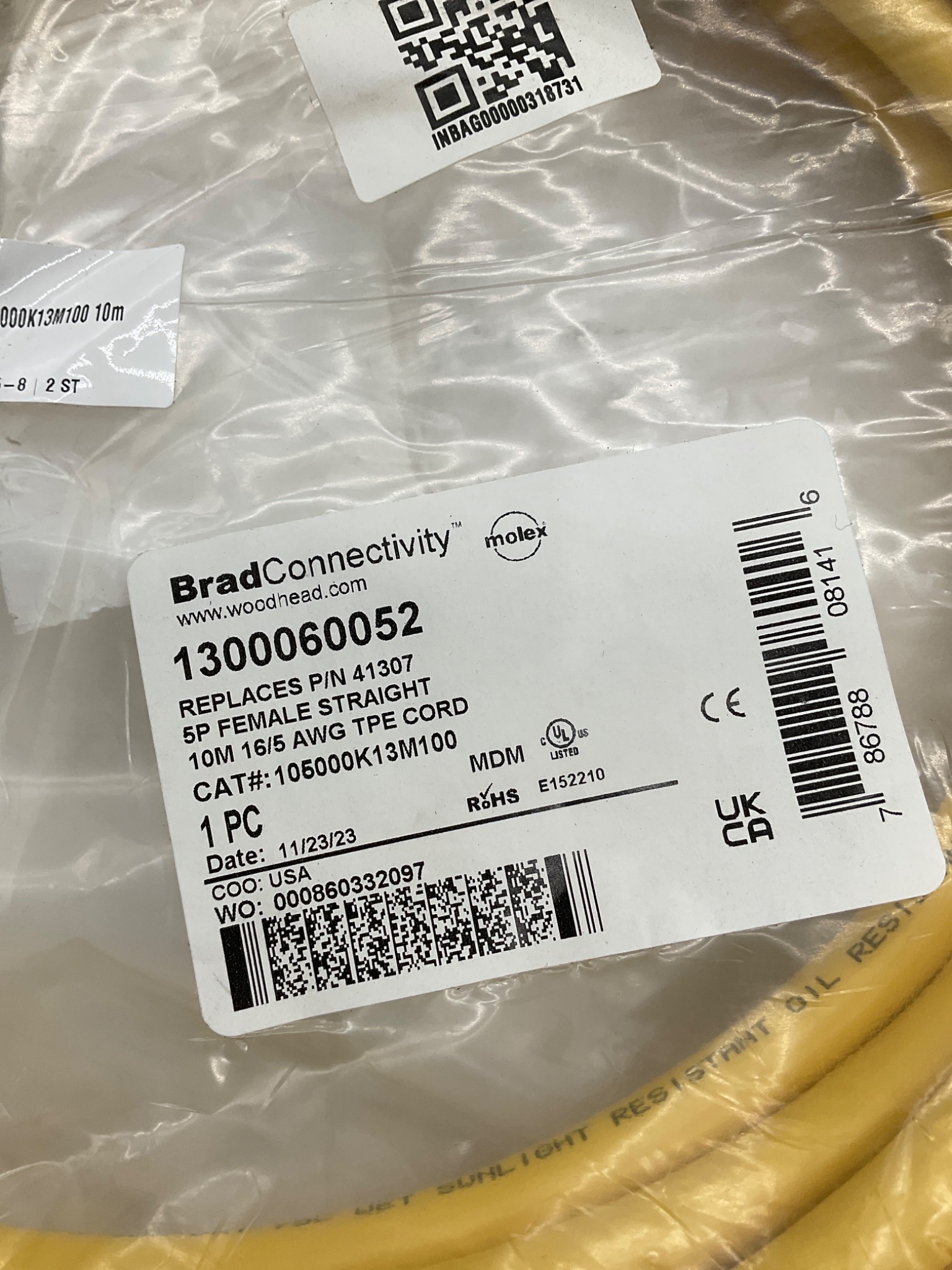 Brad Connectivity 1300060052 10m 5-Pole Female Mini-Change Cordset 105000K13M100 NEW 2