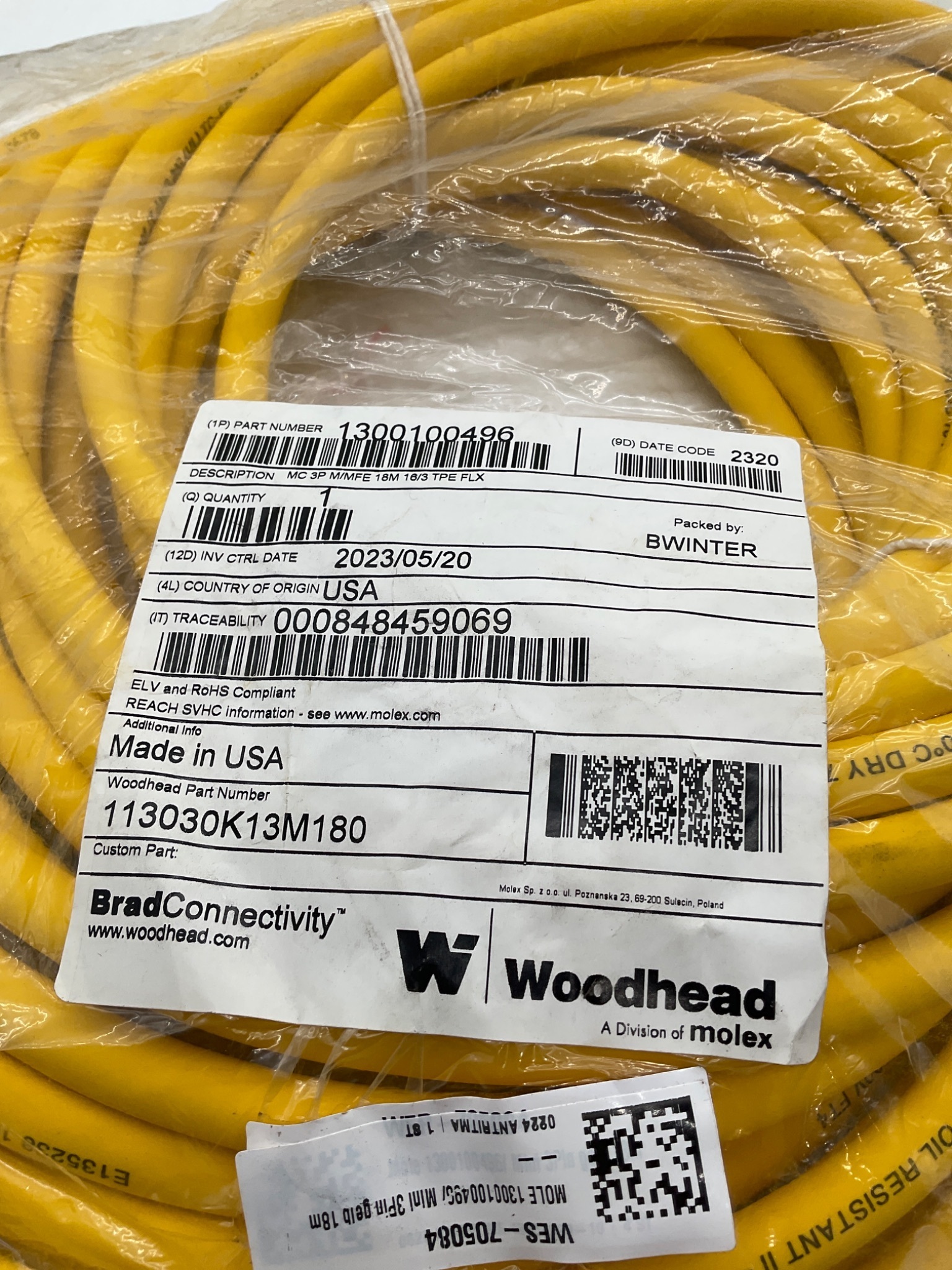 Brad Connectivity 1300100496 18m 3-Pole Mini-Change Cordset 113030K13M180 NEW 1