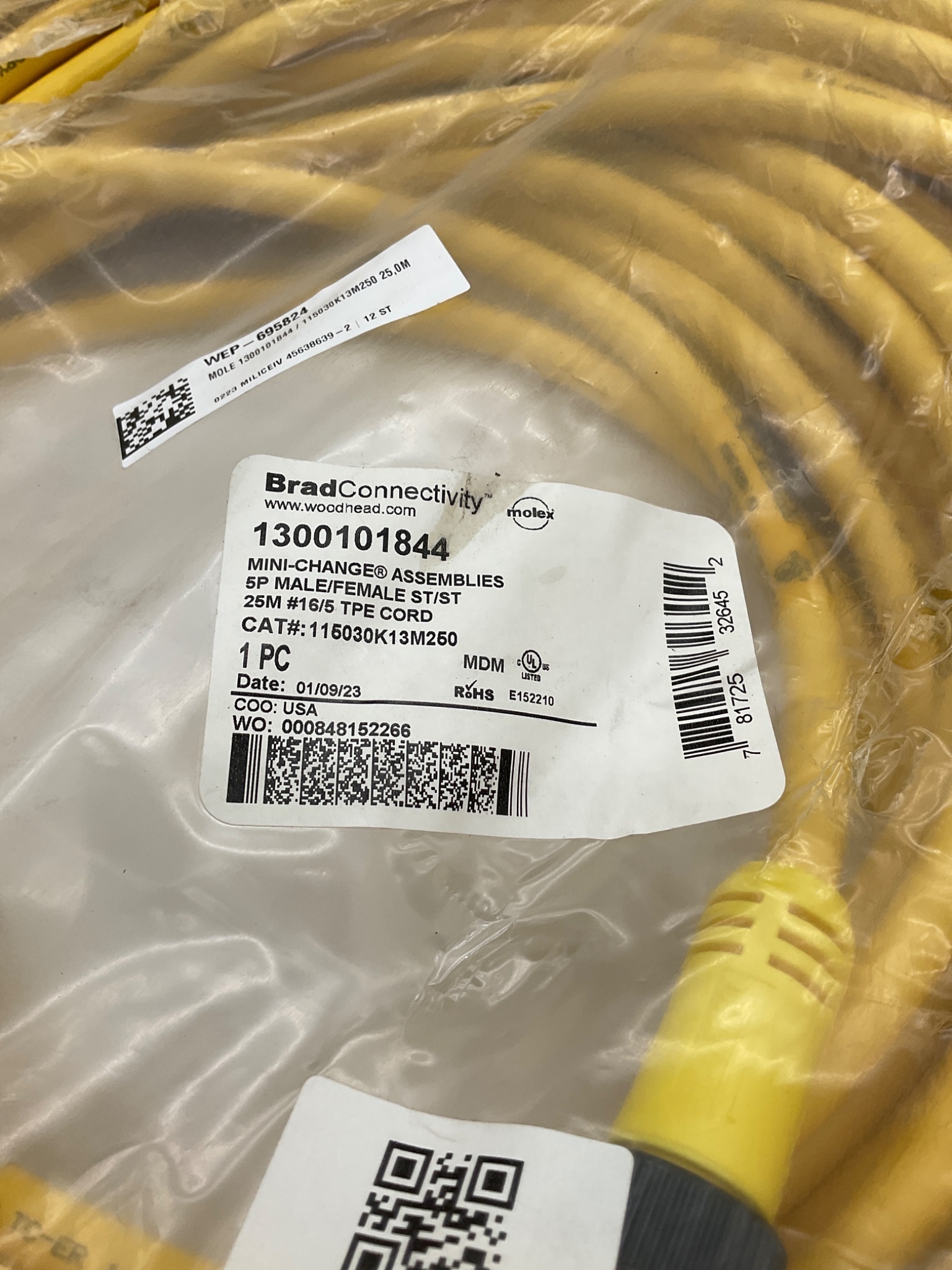 Brad Connectivity 1300101844 25m 5-Pole Mini-Change Cordset 115030K13M250 NEW 1