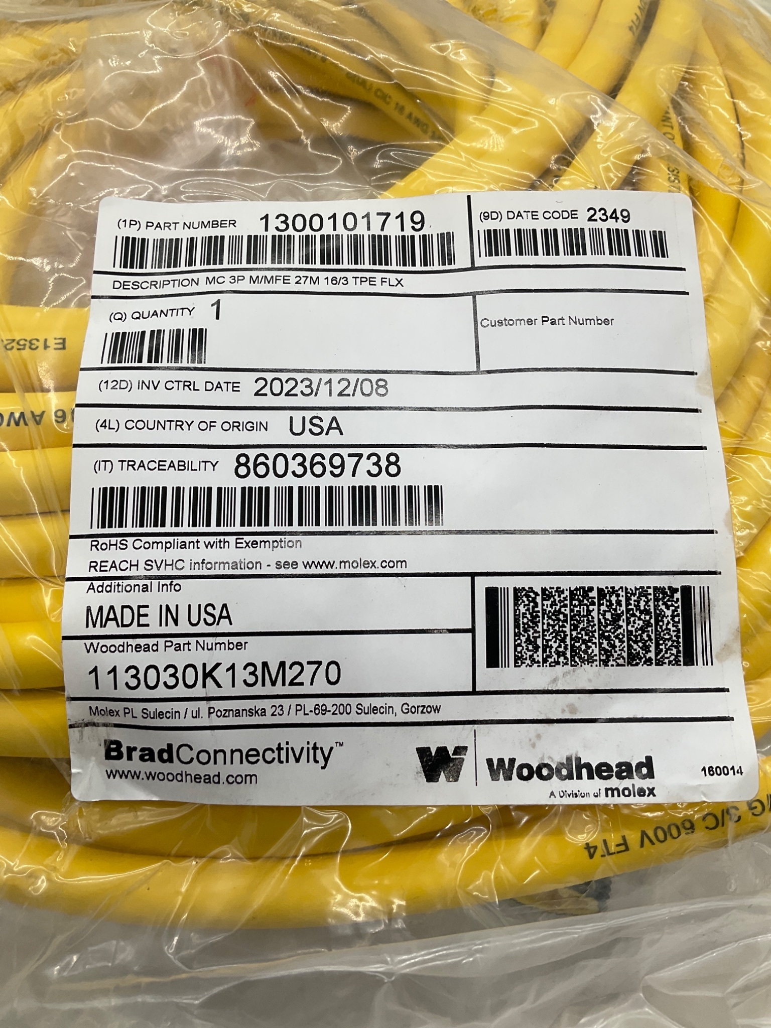 Brad Connectivity 1300101719 27m 3-Pole Mini-Change Cordset 113030K13M270 NEW 1