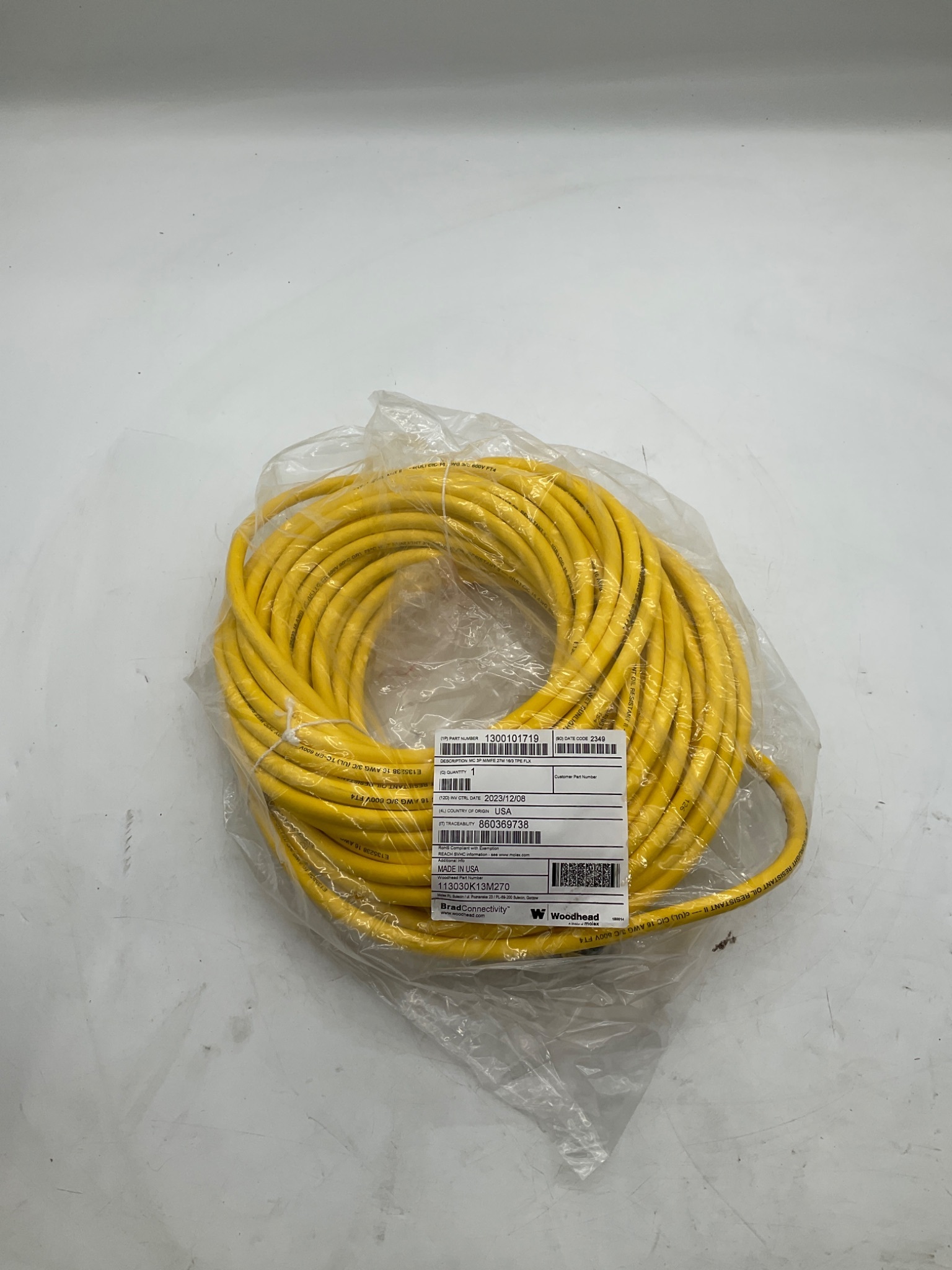 Brad Connectivity 1300101719 27m 3-Pole Mini-Change Cordset 113030K13M270 NEW 2