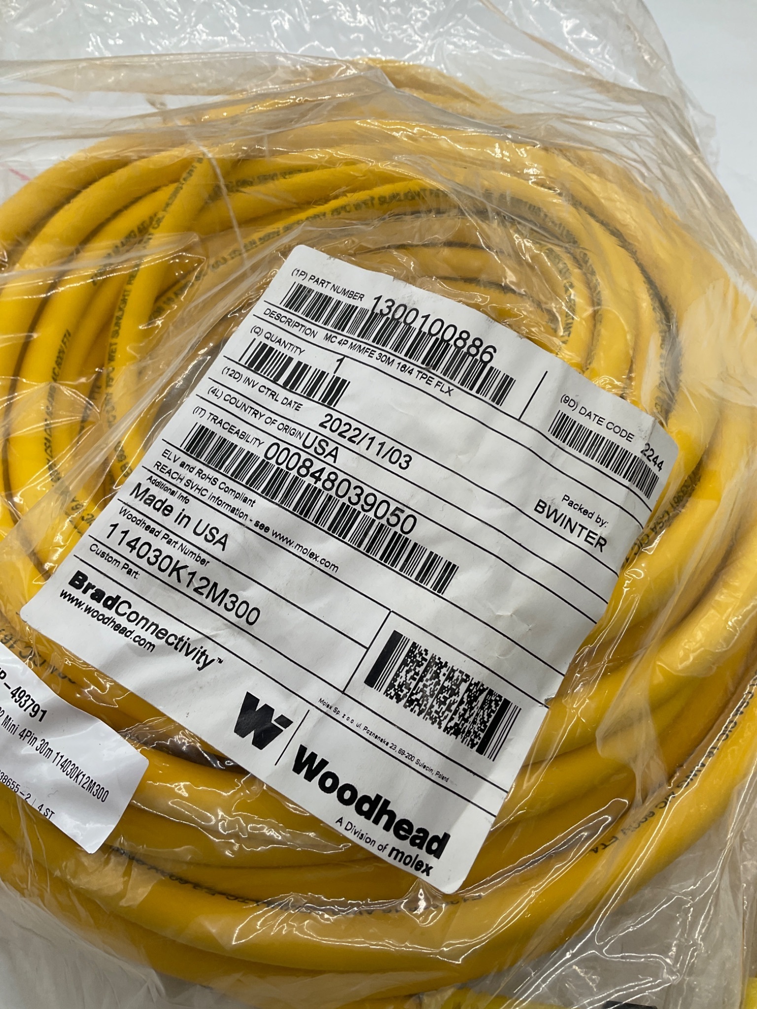 Brad Connectivity 1300100886 30m 4-Pole Mini-Change Cordset 114030K12M300 NEW 1
