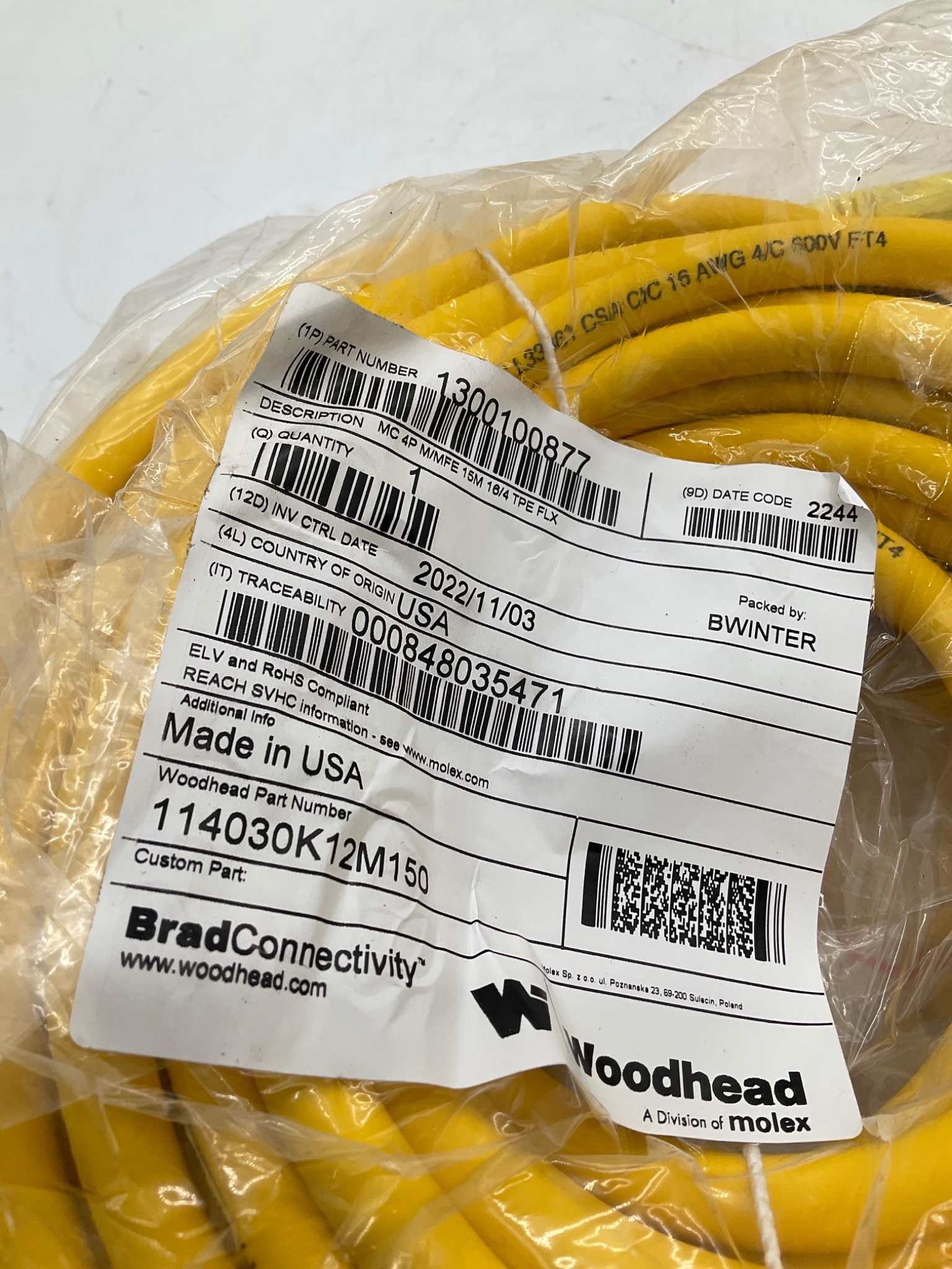 Brad Connectivity 1300100877 15m 4-Pole Mini-Change Cordset 114030K12M150 NEW 1