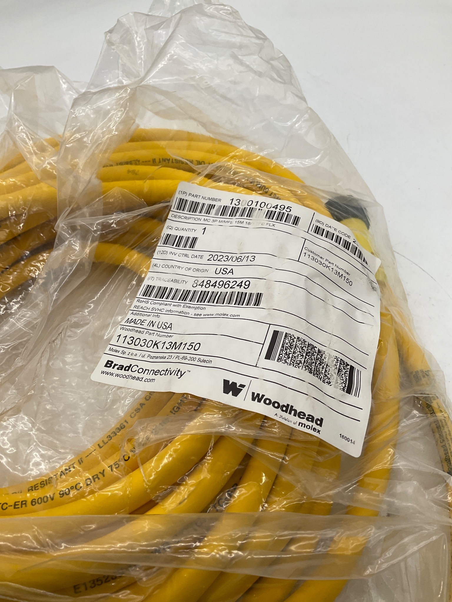 Brad Connectivity 1300100495 15m 3-Pole Mini-Change Cordset 113030K13M150 NEW 1