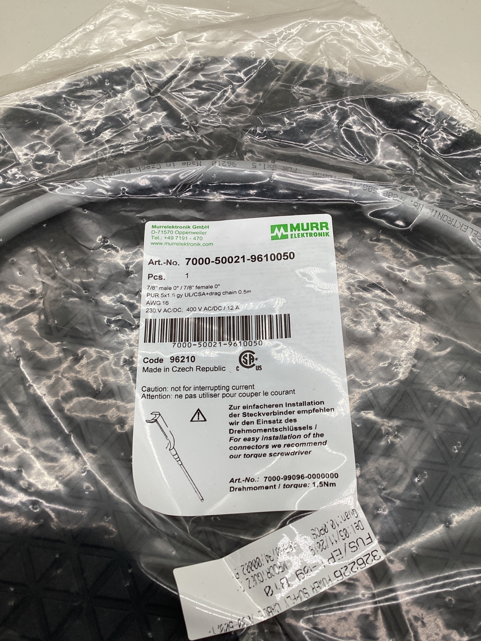 MURR ELEKTRONIK 7000-50021-9610050 7/8" Power Cordset 0.5M NEW 1