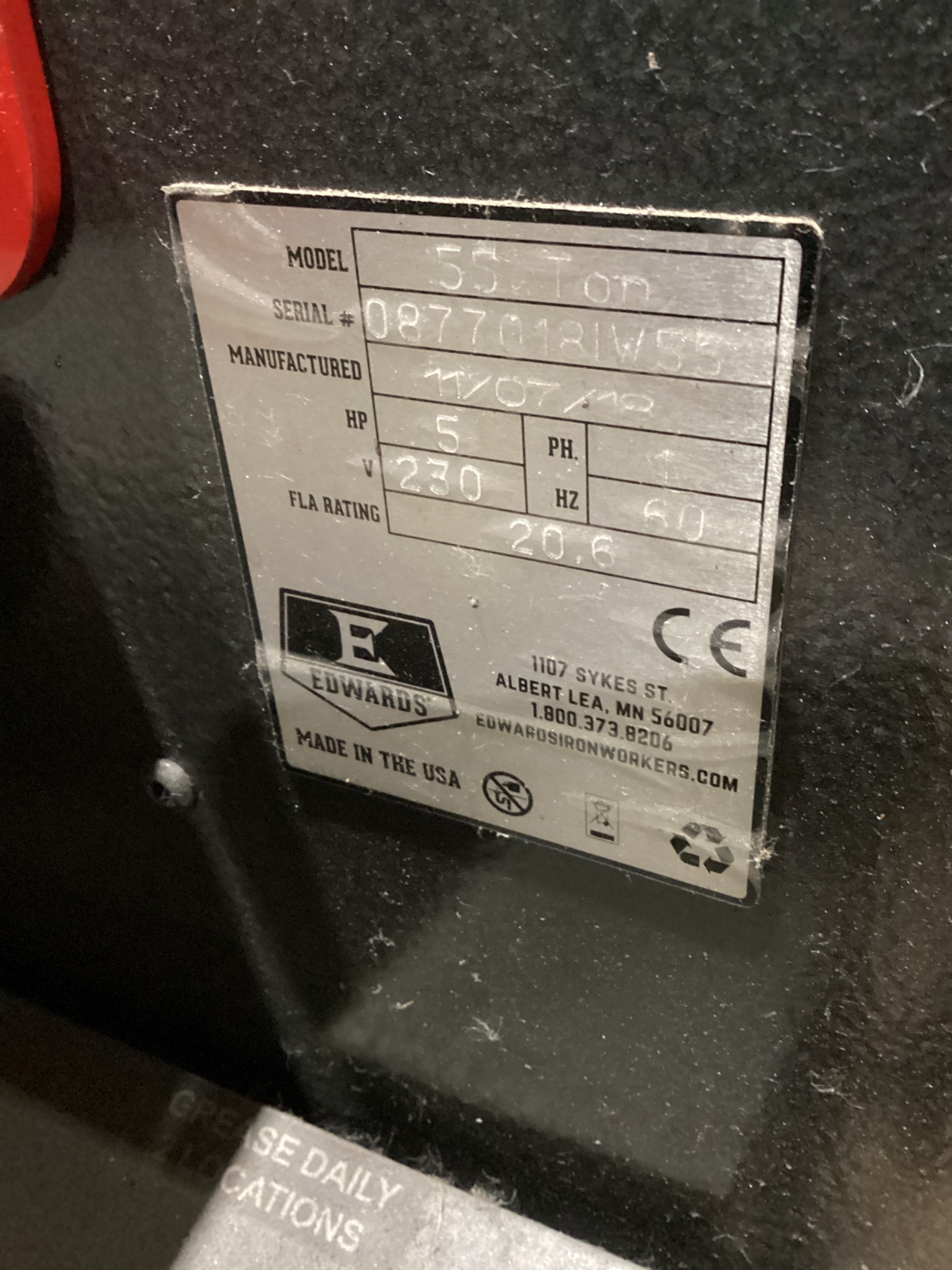 Edwards 55 Ton Hydraulic Ironworker 5 HP 230V 1PH USED 1