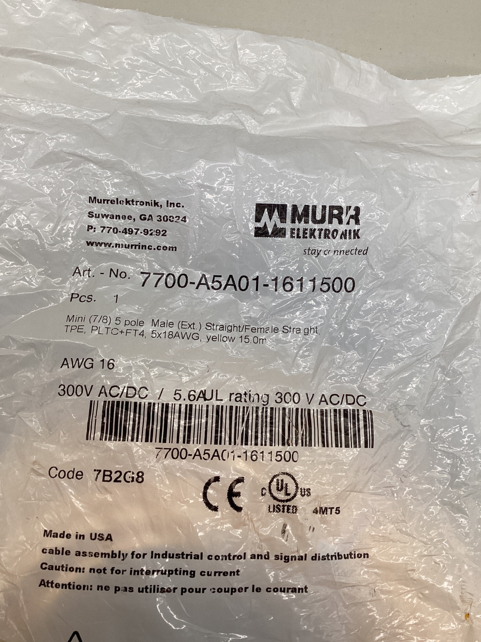Murrelektronik 7700-A5A01-1611500 15m 5-Pole Mini 7/8 Cordset Cable NEW 1