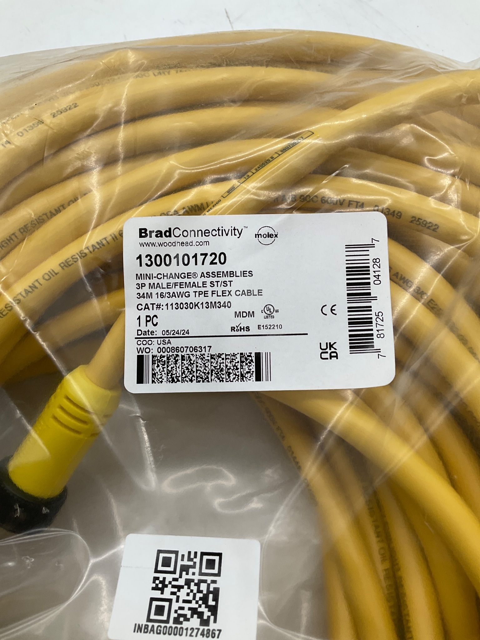 Brad Connectivity 1300101720 34m 3-Pole Mini-Change Cordset 113030K13M340 NEW 1