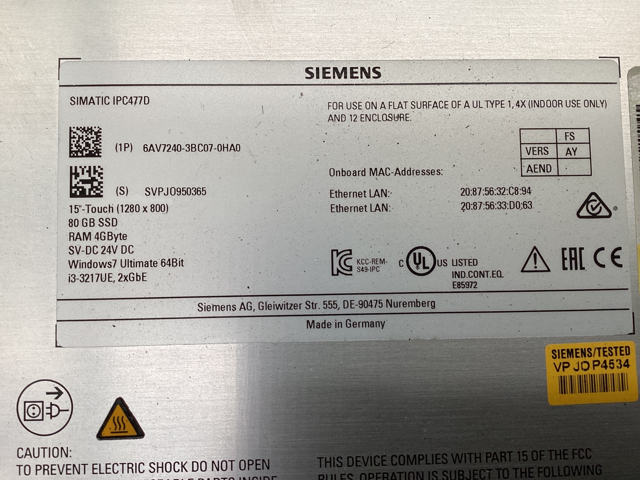 Siemens 6AV7240-3BC07-0HA0 SIMATIC IPC477D 15in Touch Panel PC USED 1