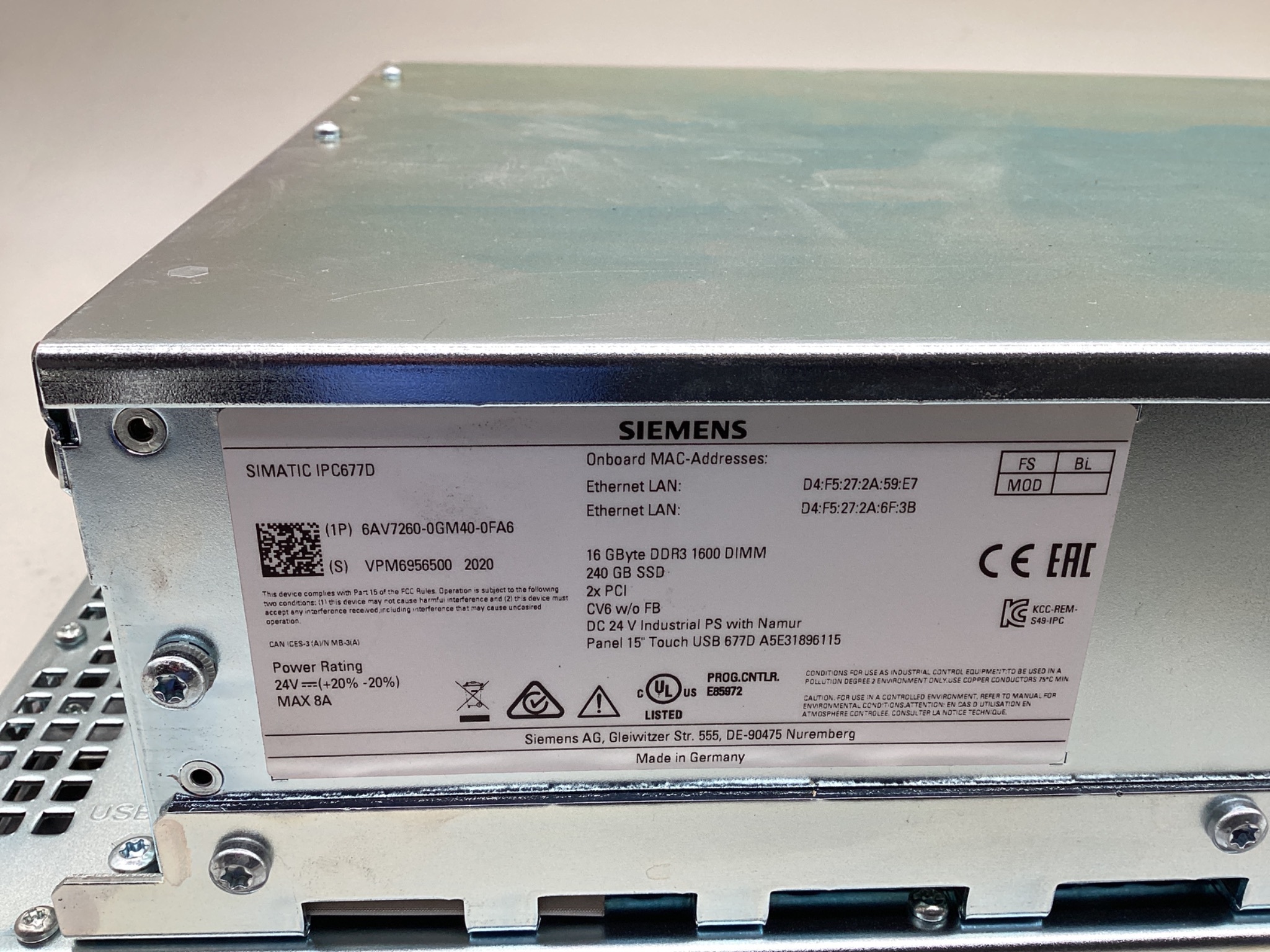 Siemens 6AV7260-0GM40-0FA6 SIMATIC IPC677D 15in Touch Panel PC USED 1