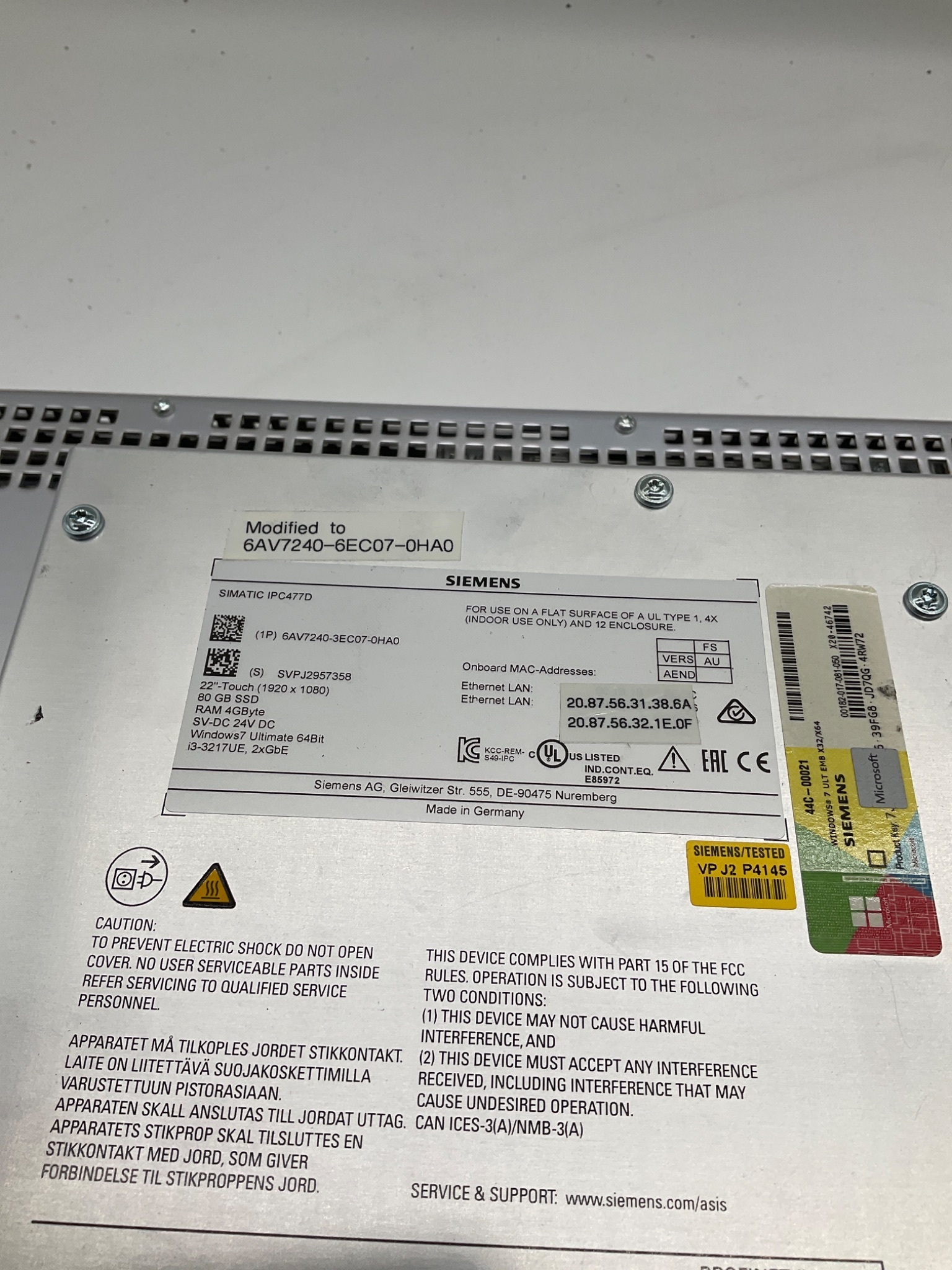 Siemens 6AV7240-6EC07-0HA0 SIMATIC IPC477D 22in Touch Panel PC USED 3