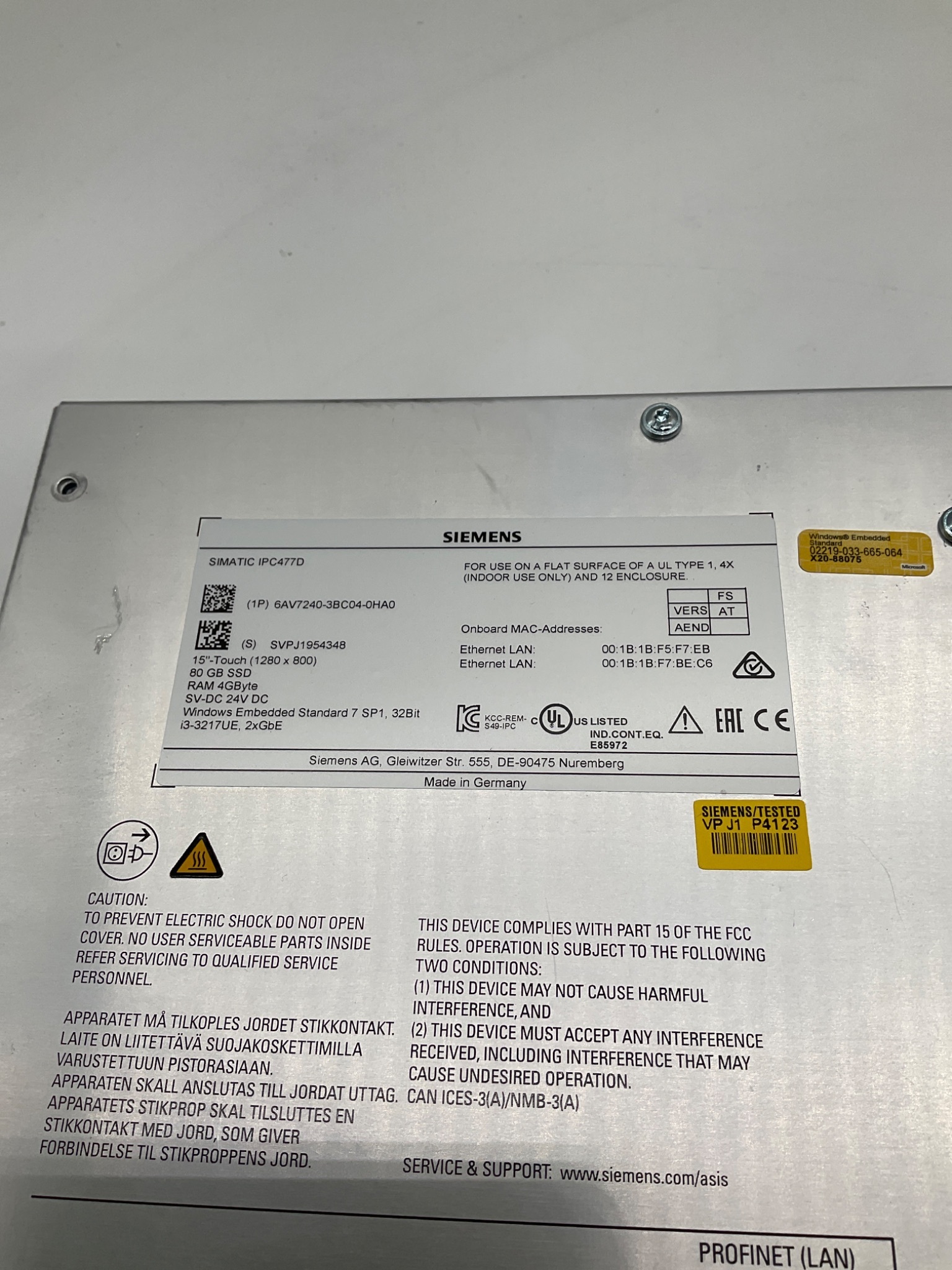 Siemens 6AV7240-3BC04-0HA0 SIMATIC IPC477D 15in Touch Panel PC USED 3