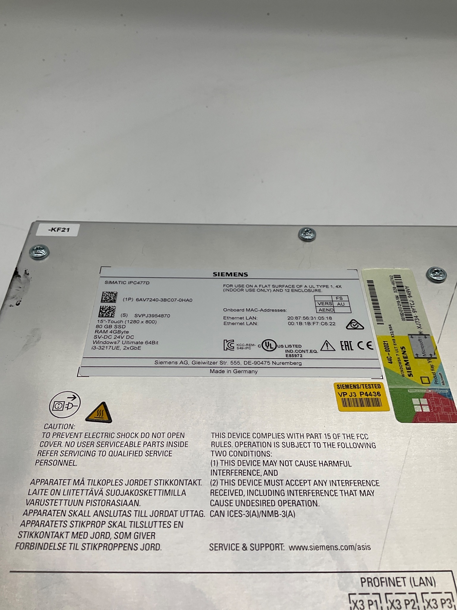 Siemens 6AV7240-3BC07-0HA0 SIMATIC IPC477D 15in Touch Panel PC USED 3