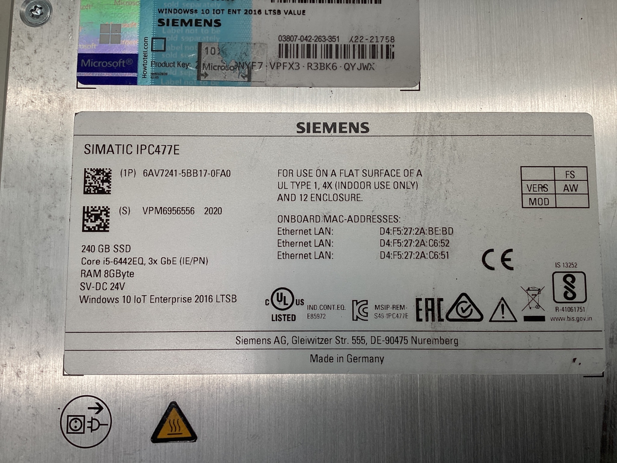 Siemens 6AV7241-5BB17-0FA0 SIMATIC IPC477E Touch Panel PC 240GB SSD USED 1