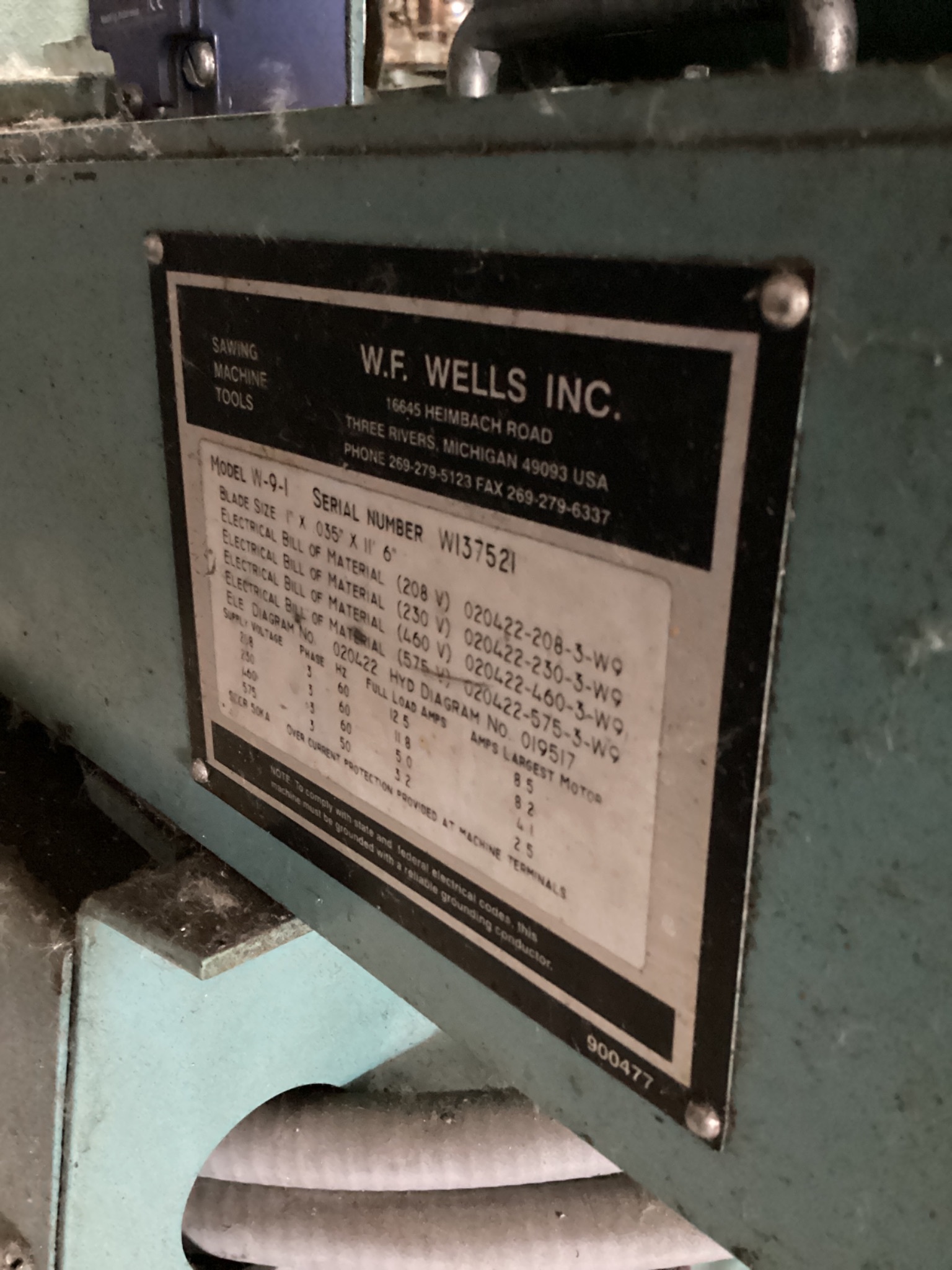 W.F. Wells W-9-1 Horizontal Metal Cutting Bandsaw 1in Blade 3PH USED 6