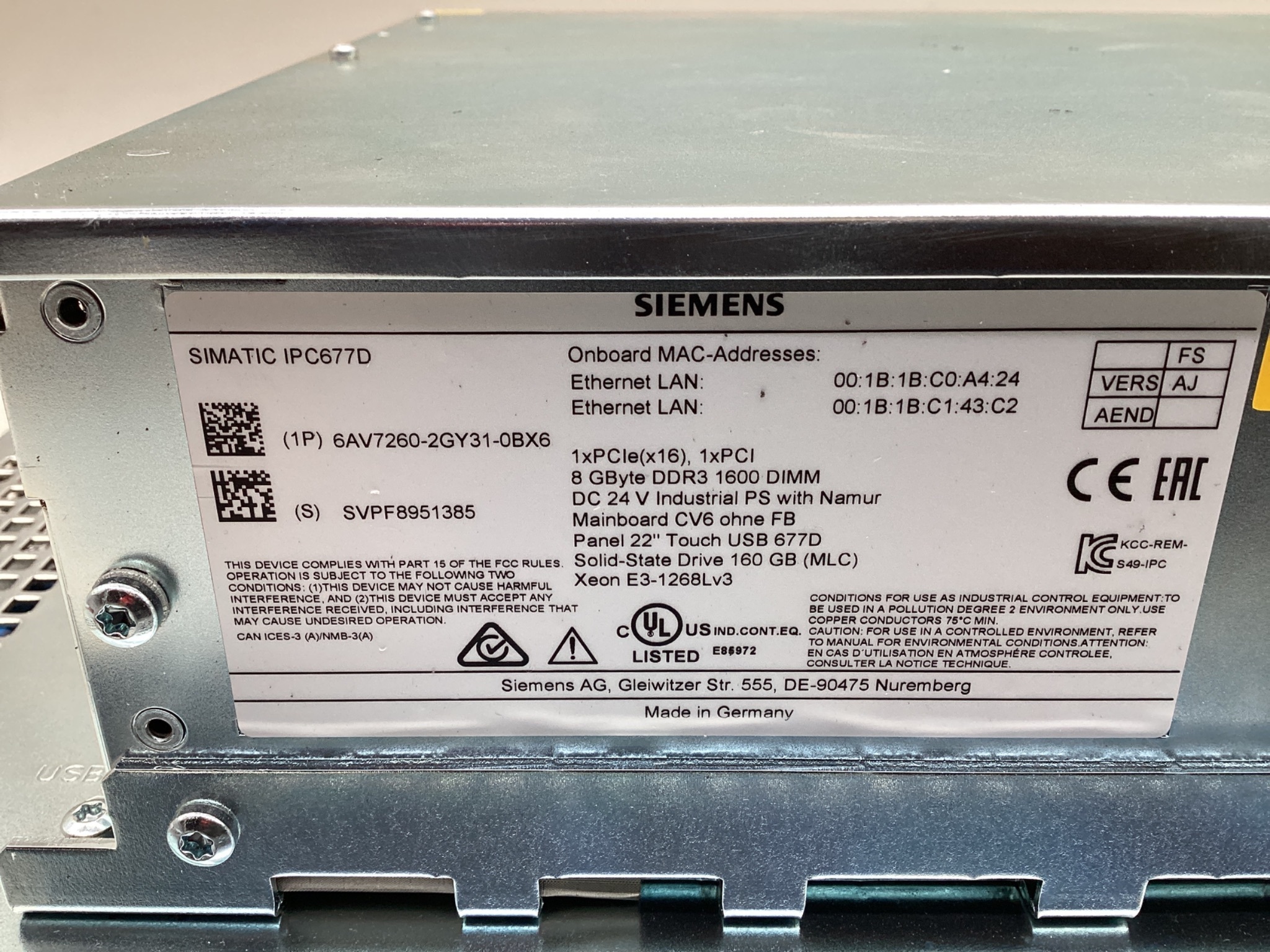 Siemens 6AV7260-2GY31-0BX6 SIMATIC IPC677D 22in Touch Panel PC USED 1