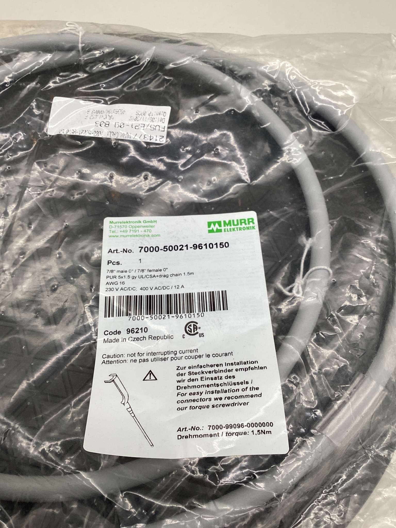 MURR ELEKTRONIK 7000-50021-9610150 7/8" Power Cordset 1.5M NEW 1