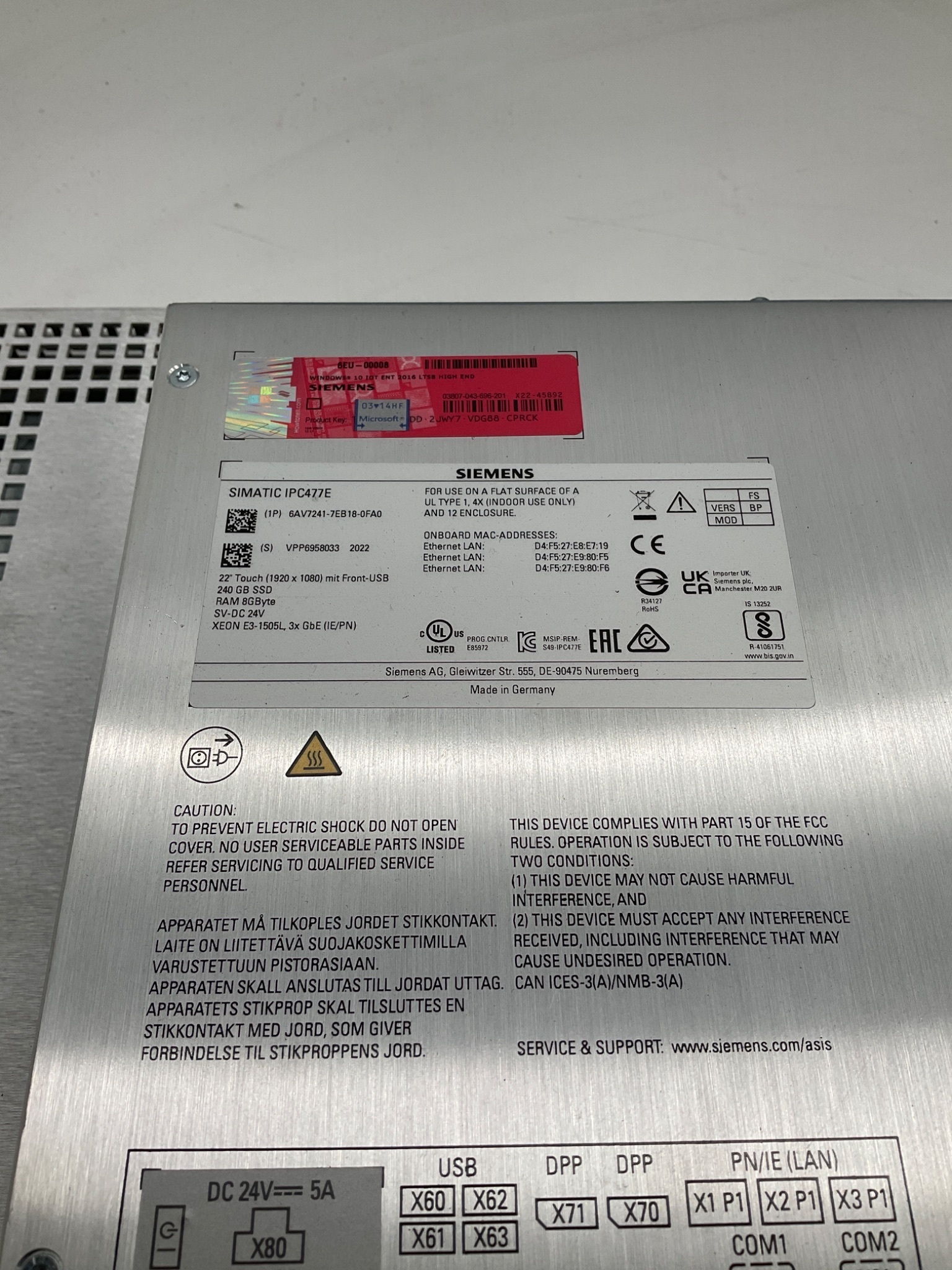 Siemens 6AV7241-7EB18-0FA0 SIMATIC IPC477E 22in Touch Panel PC USED 3