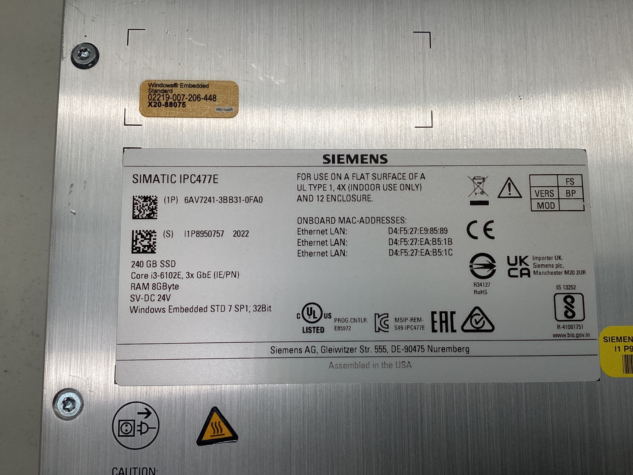 Siemens 6AV7241-3BB31-0FA0 SIMATIC IPC477E Touch Panel PC 240GB SSD USED 1