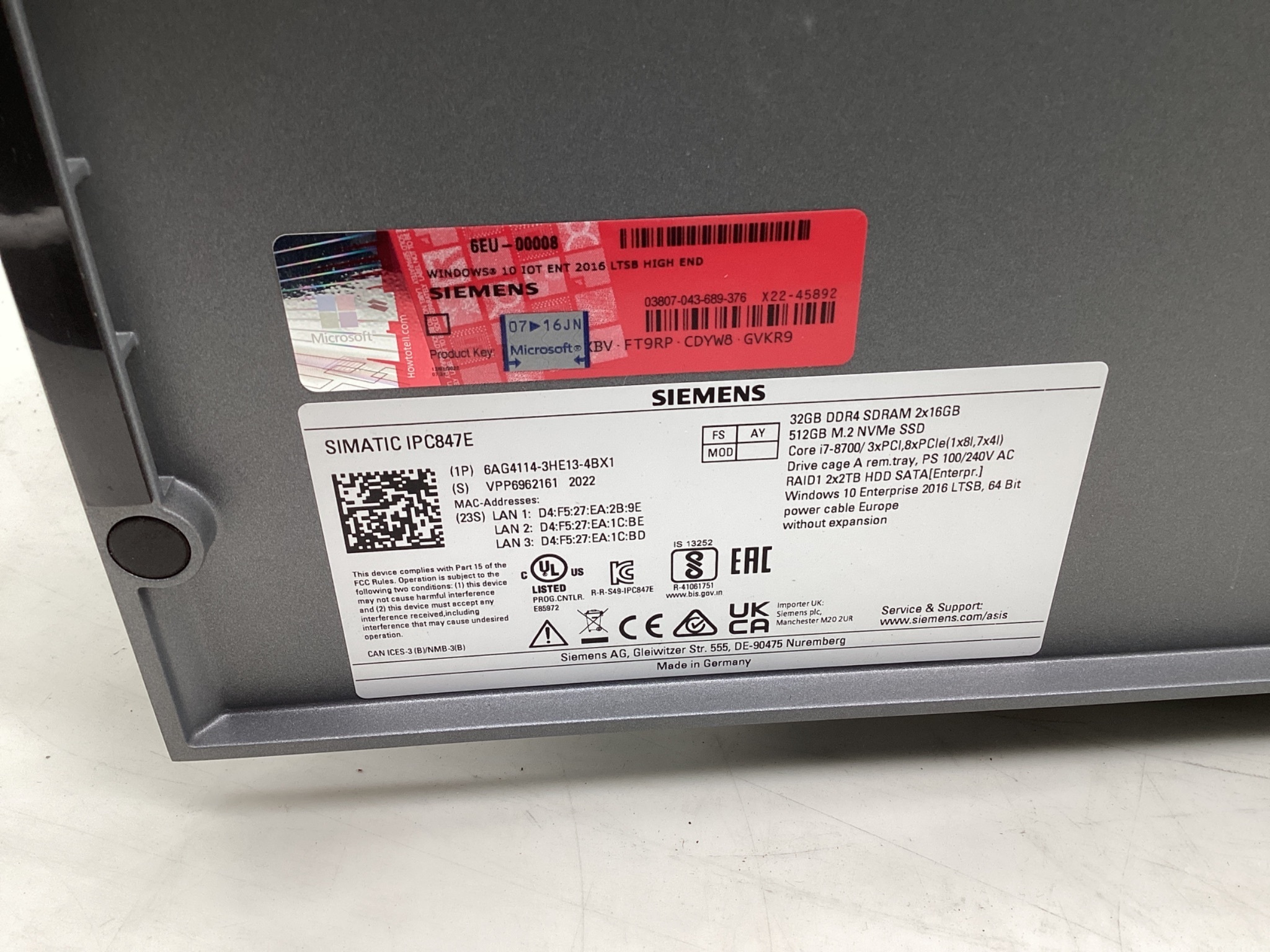 Siemens 6AGA4114-3HE13-4BX1 SIMATIC IPC847E Core i7 NO HDD - USED 2