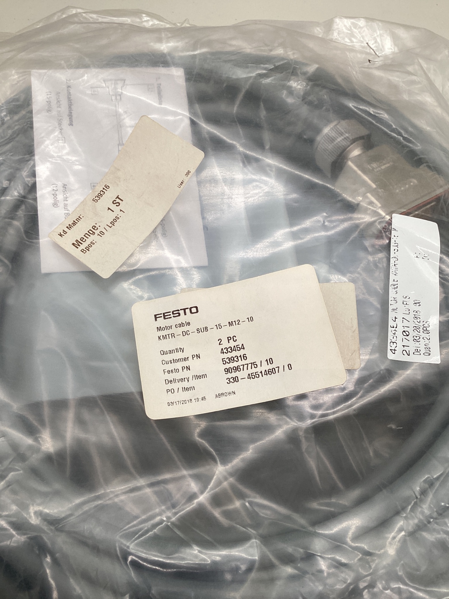 FESTO KMTR-DC-SUB-15-M12-10 Servo Motor Cable 10M NEW 1