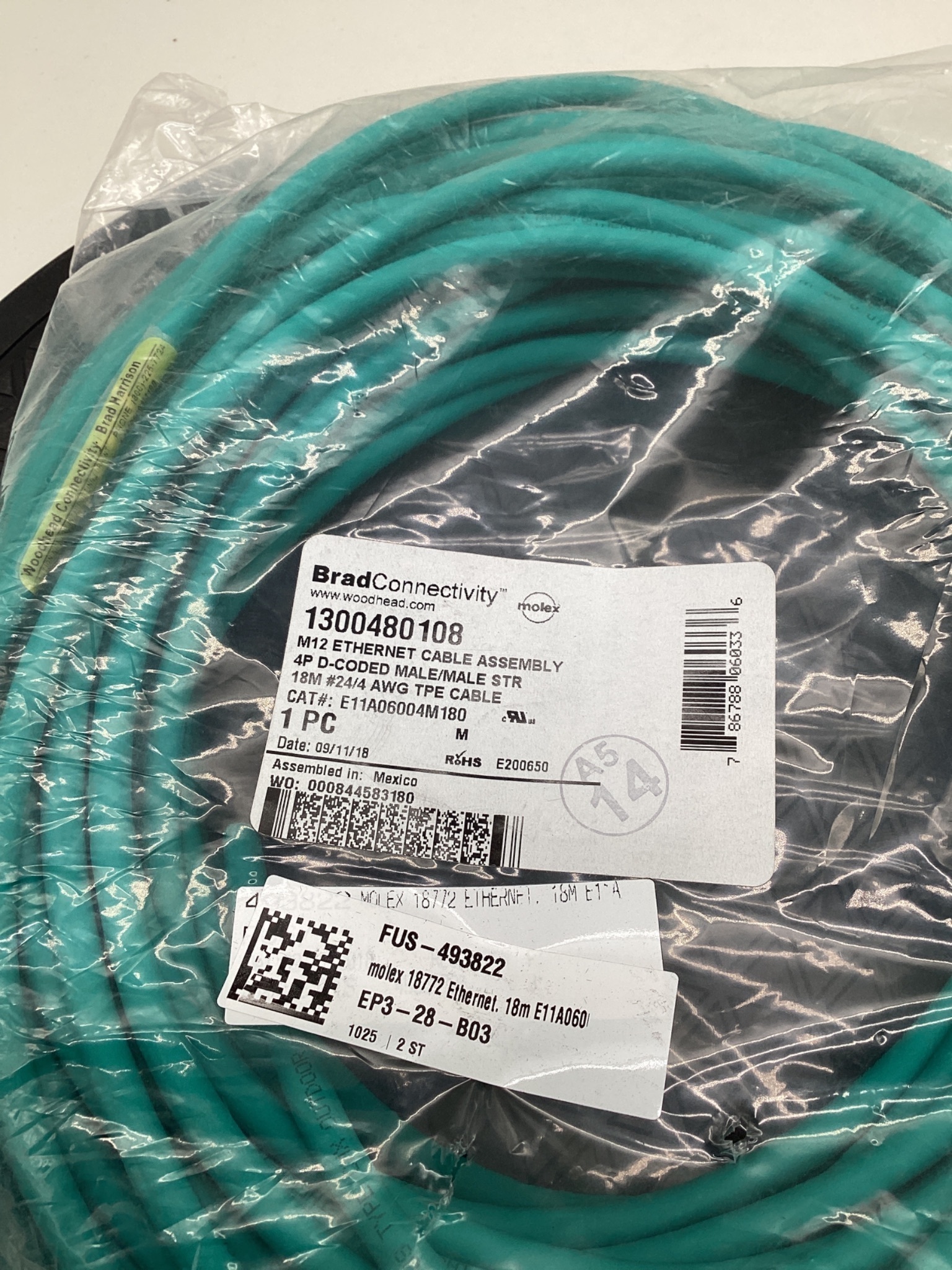 BRAD CONNECTIVITY E11A06004M180 M12 D-Coded Ethernet Cordset 18M NEW 1