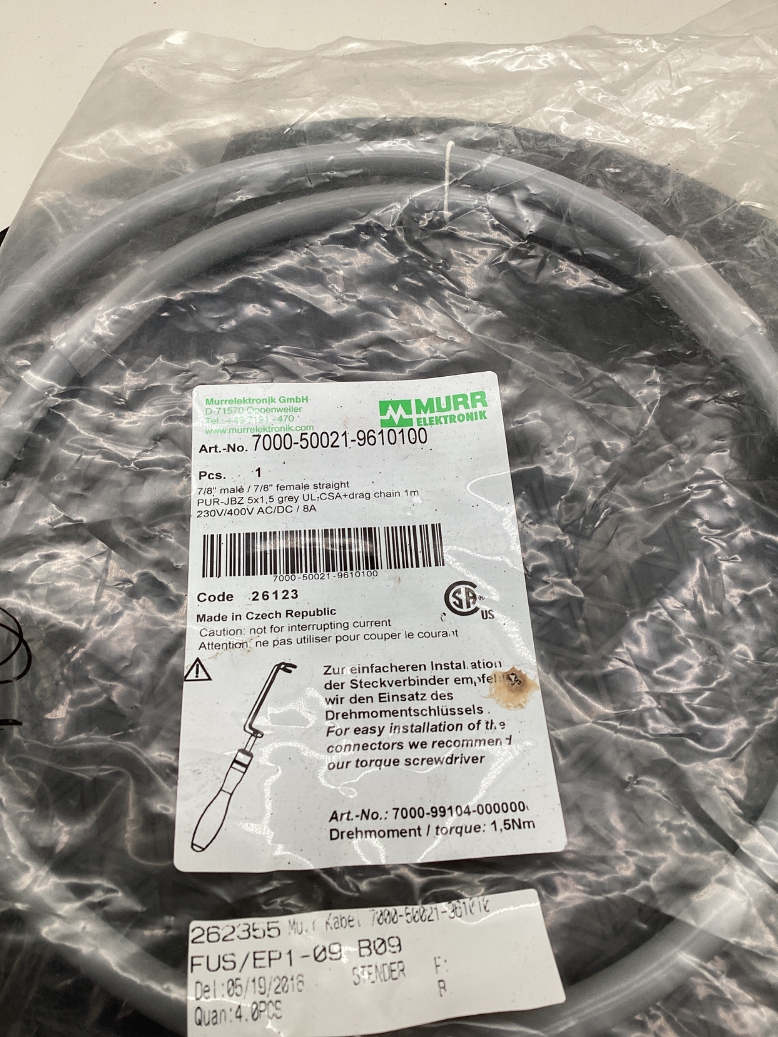 MURR ELEKTRONIK 7000-50021-9610100 7/8" Power Cordset 1M NEW 1