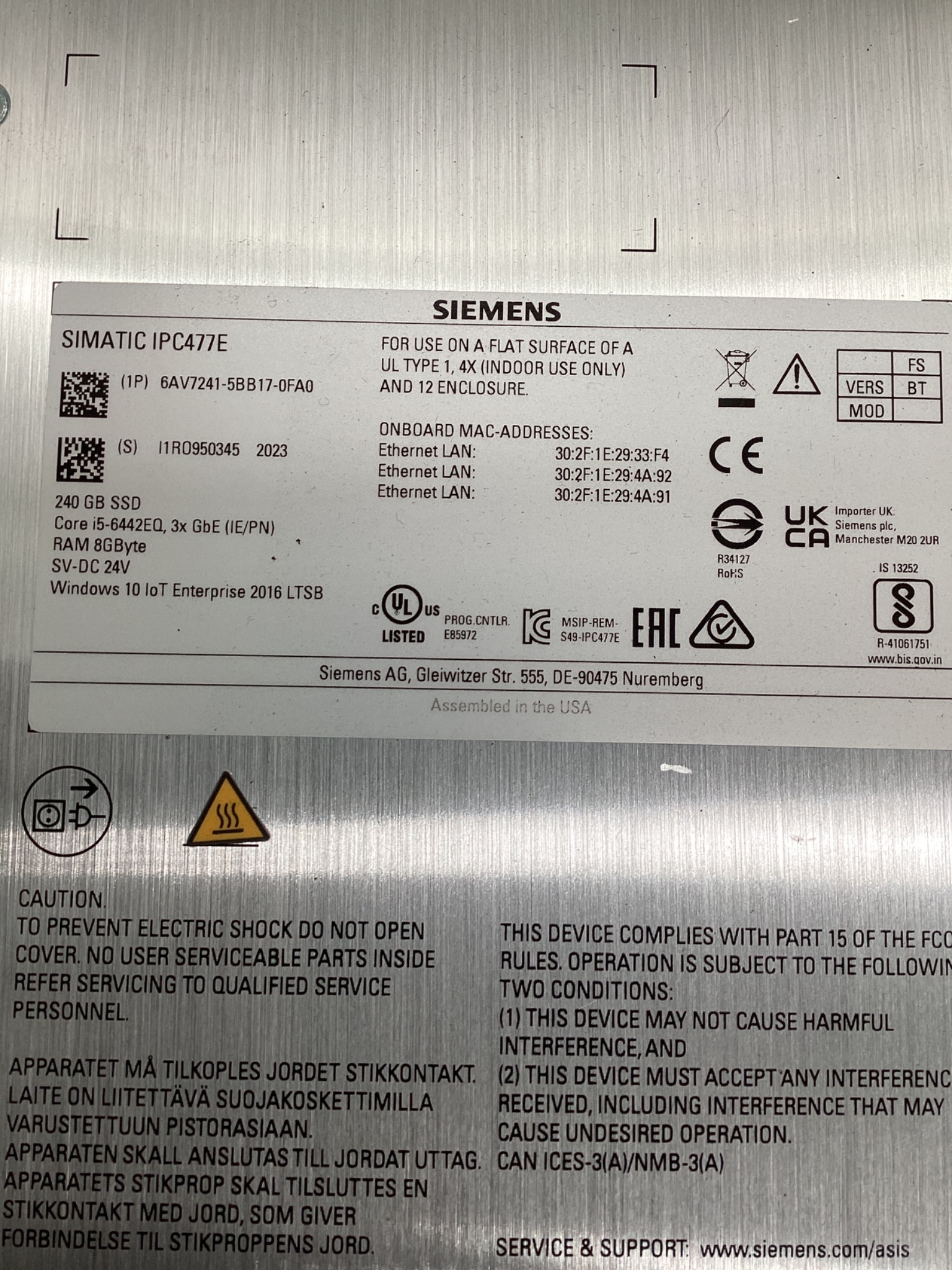 SIEMENS 6AV7241-5BB17-0FA0 SIMATIC IPC477E 15" Touch Panel PC USED 1