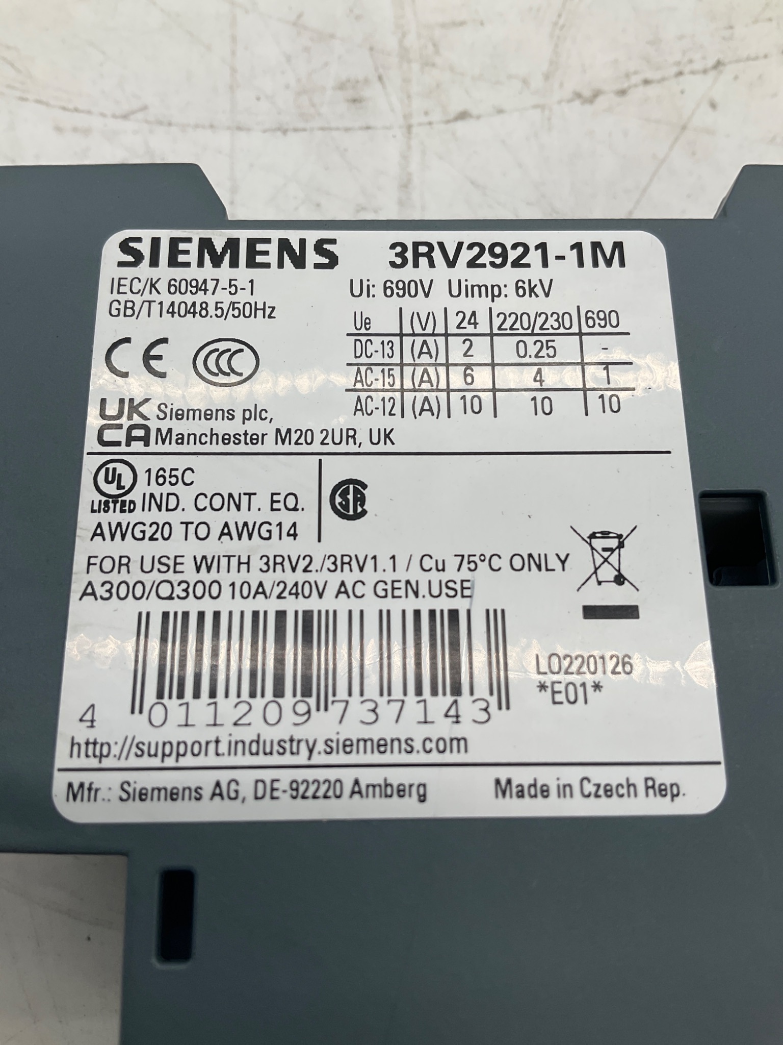 SIEMENS 3RV2921-1M Auxiliary Switch Block 2NO 2NC USED 2
