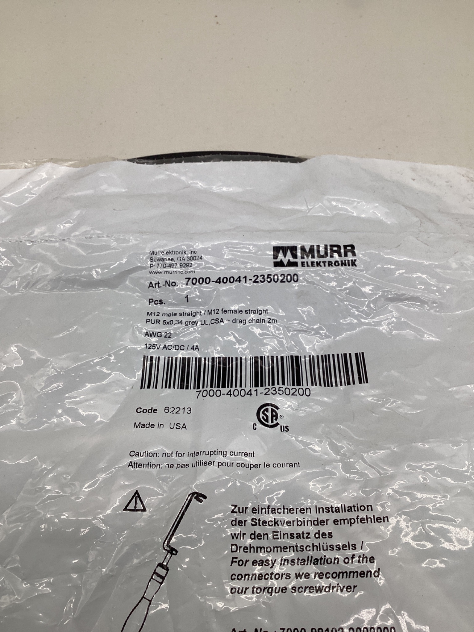 MURR ELEKTRONIK 7000-40041-2350200 M12 Sensor Actuator Cordset 2M NEW 1