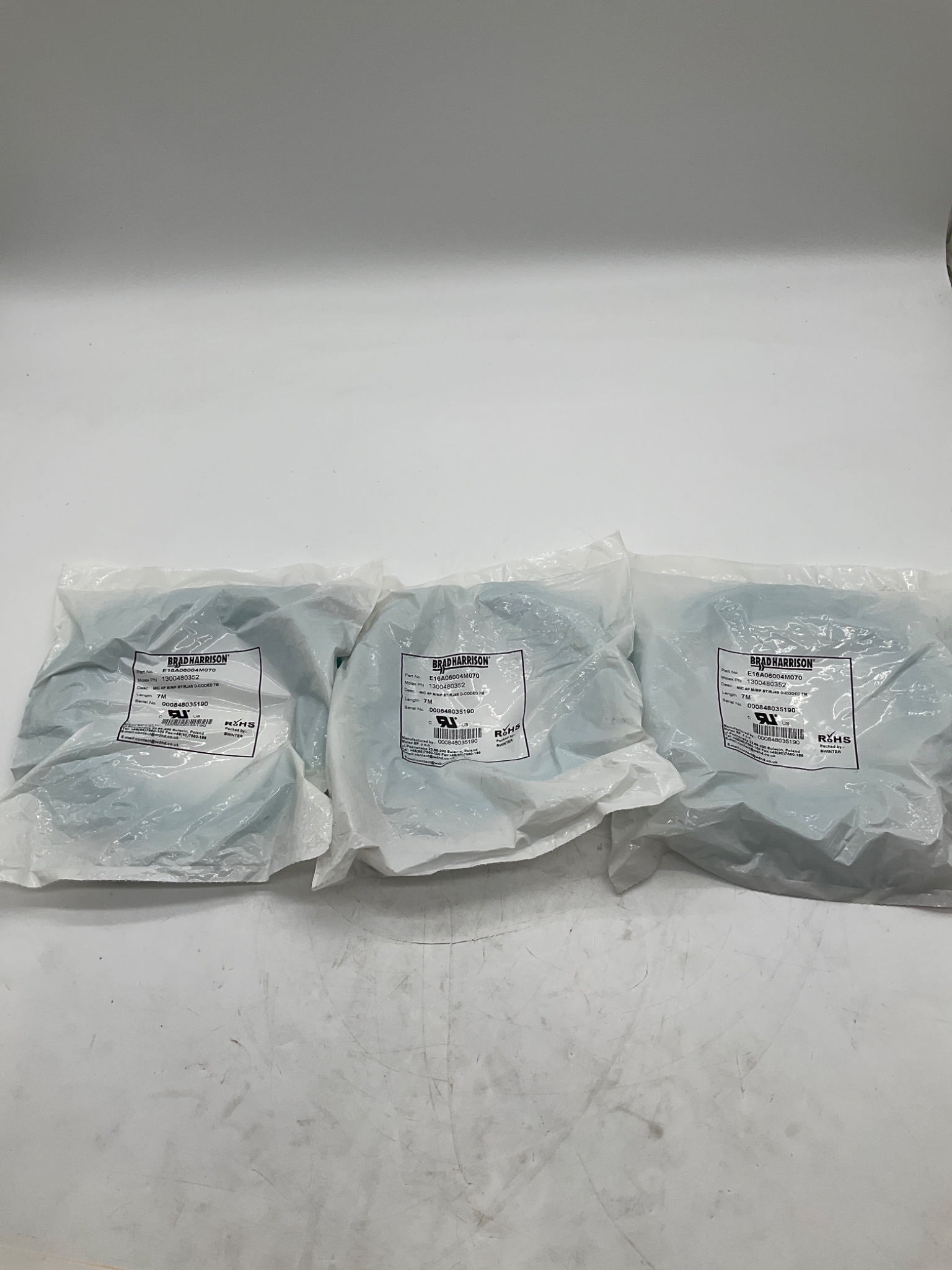 BRAD HARRISON E16A06004M070 M12 To RJ45 D-Coded Ethernet Cordset 7M (Lot Of 3) NEW 2