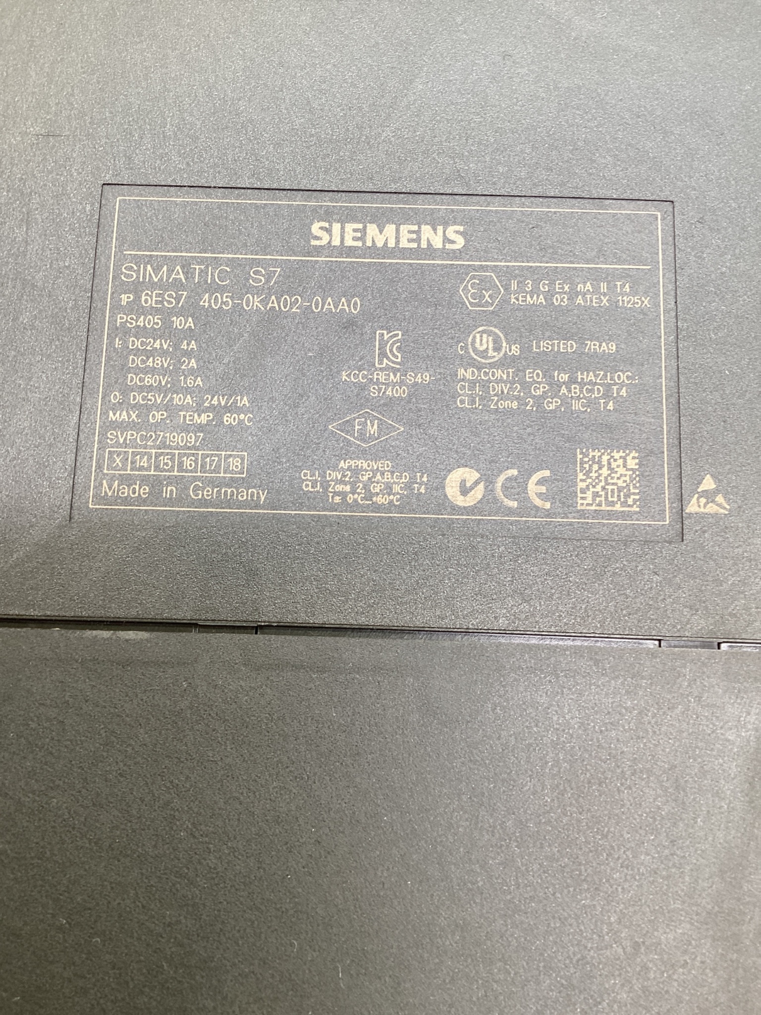 SIEMENS 6ES7405-0KA02-0AA0 SIMATIC S7-400 PS 405 10A Power Supply Module USED 2