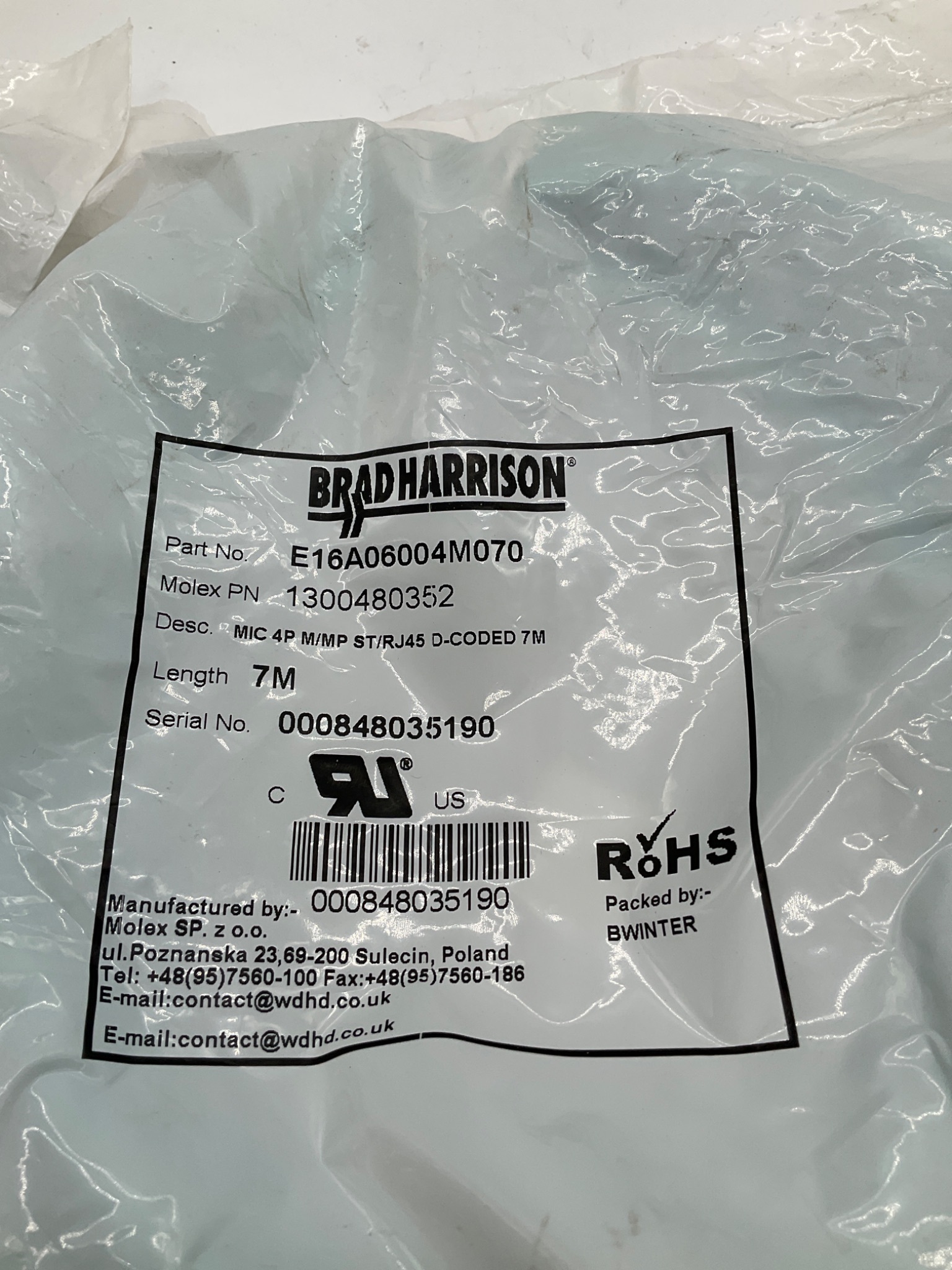 BRAD HARRISON E16A06004M070 M12 To RJ45 D-Coded Ethernet Cordset 7M (Lot Of 3) NEW 3