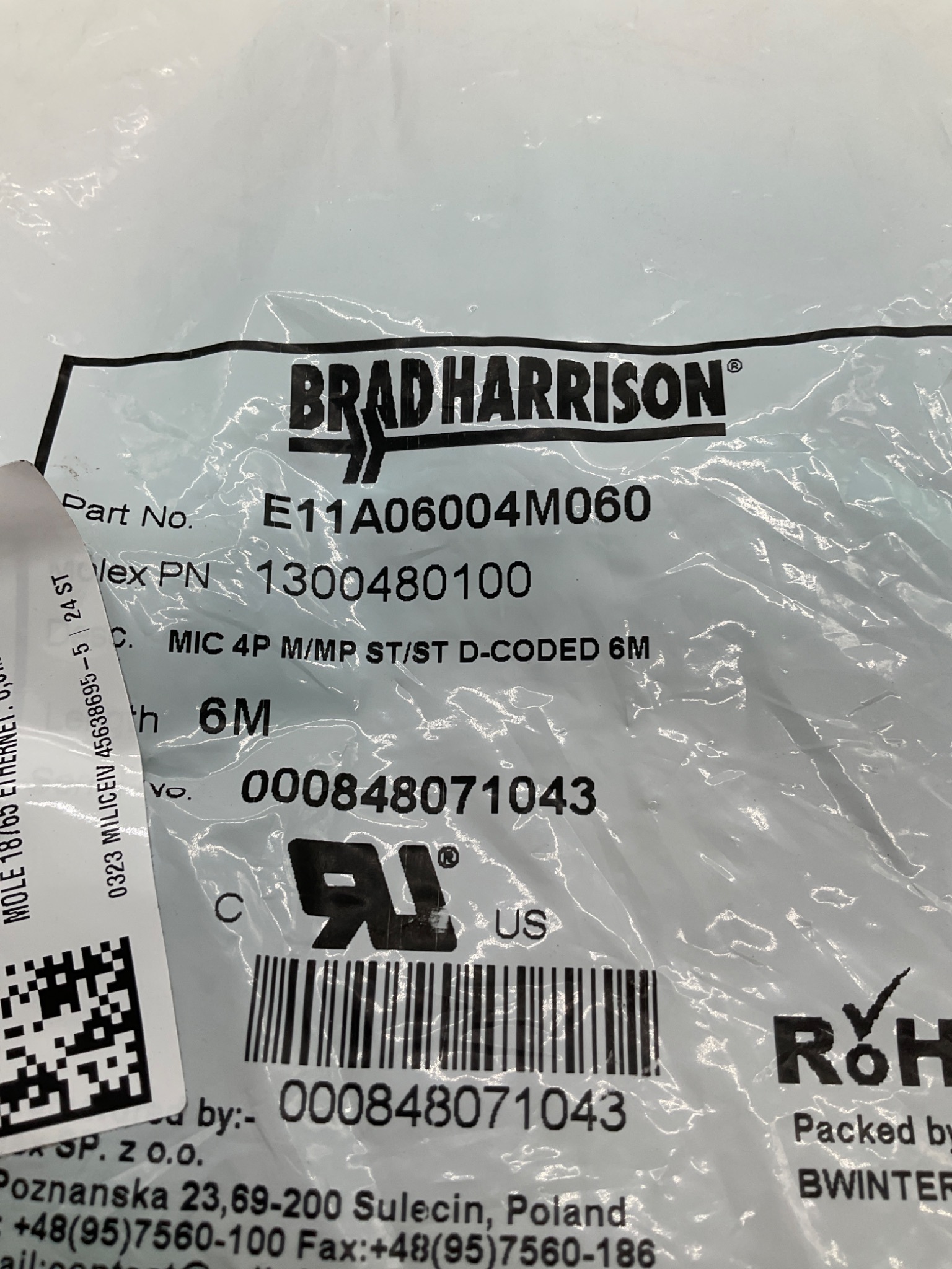 BRAD HARRISON E11A06004M060 M12 D-Coded Ethernet Cordset 6M NEW 1